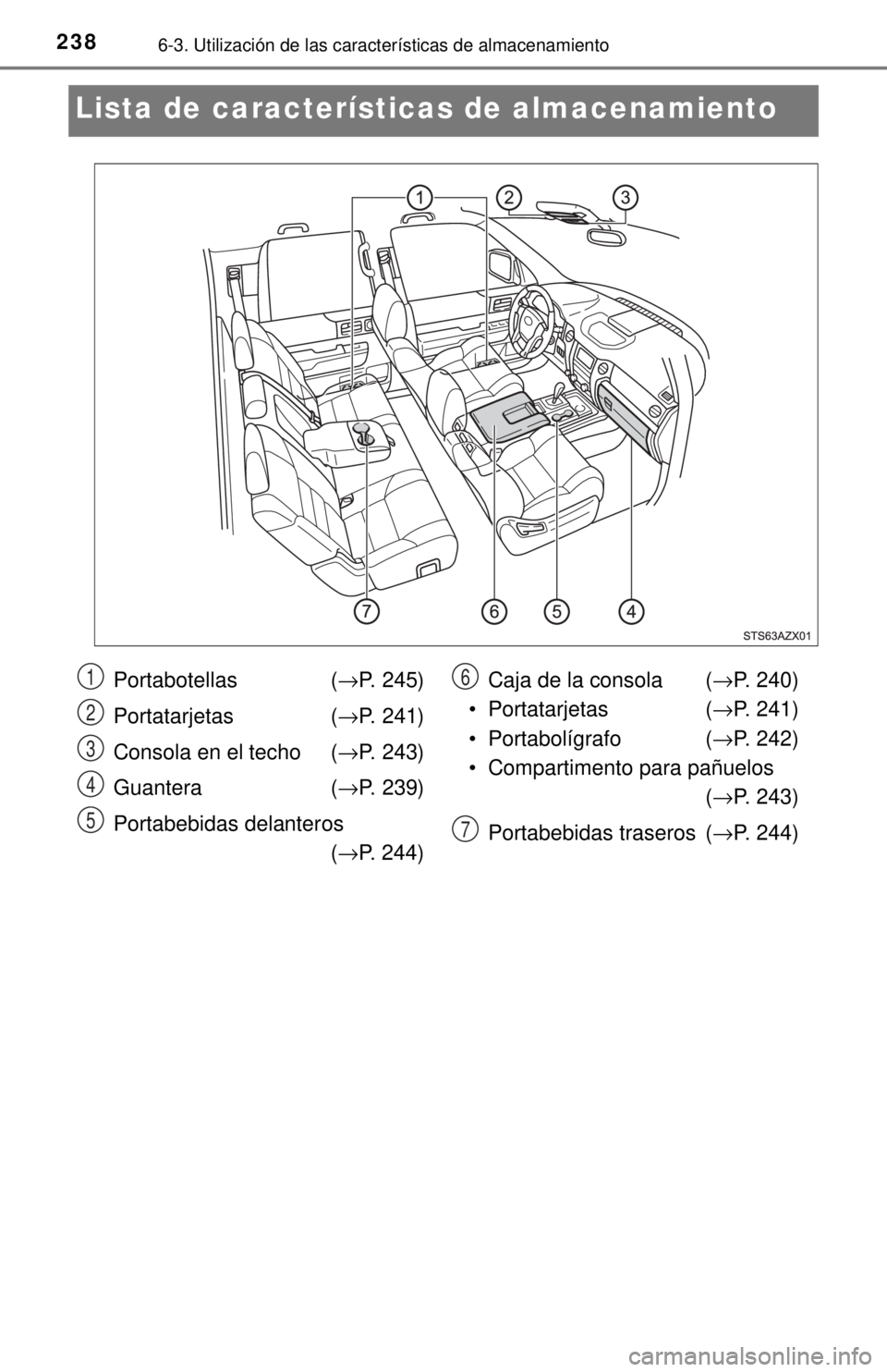 TOYOTA TUNDRA 2018 Manual del propietario (in Spanish) 2386-3. Utilización de las características de almacenamiento
Lista de características de almacenamiento
Portabotellas (→P. 245)
Portatarjetas ( →P. 241)
Consola en el techo ( →P. 243)
Guanter TOYOTA TUNDRA 2018 Manual del propietario (in Spanish) 2386-3. Utilización de las características de almacenamiento
Lista de características de almacenamiento
Portabotellas (→P. 245)
Portatarjetas ( →P. 241)
Consola en el techo ( →P. 243)
Guanter