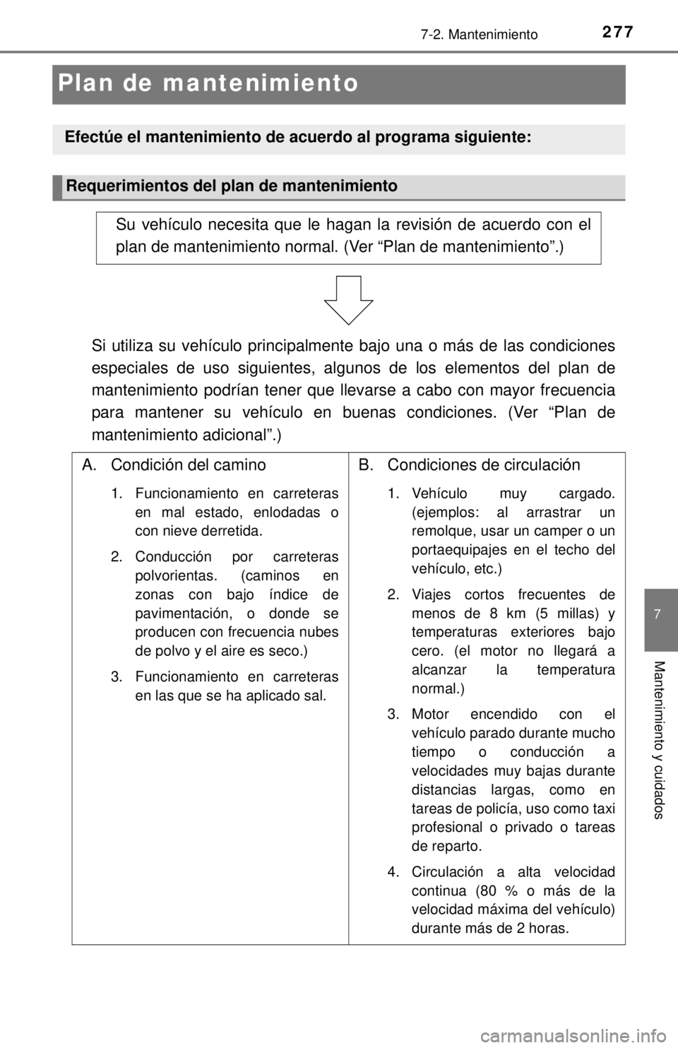 TOYOTA TUNDRA 2018  Manual del propietario (in Spanish) 2777-2. Mantenimiento
7
Mantenimiento y cuidados
Plan de mantenimiento
Efectúe el mantenimiento de acuerdo al programa siguiente:
Requerimientos del plan de mantenimiento
Su vehículo necesita que le
