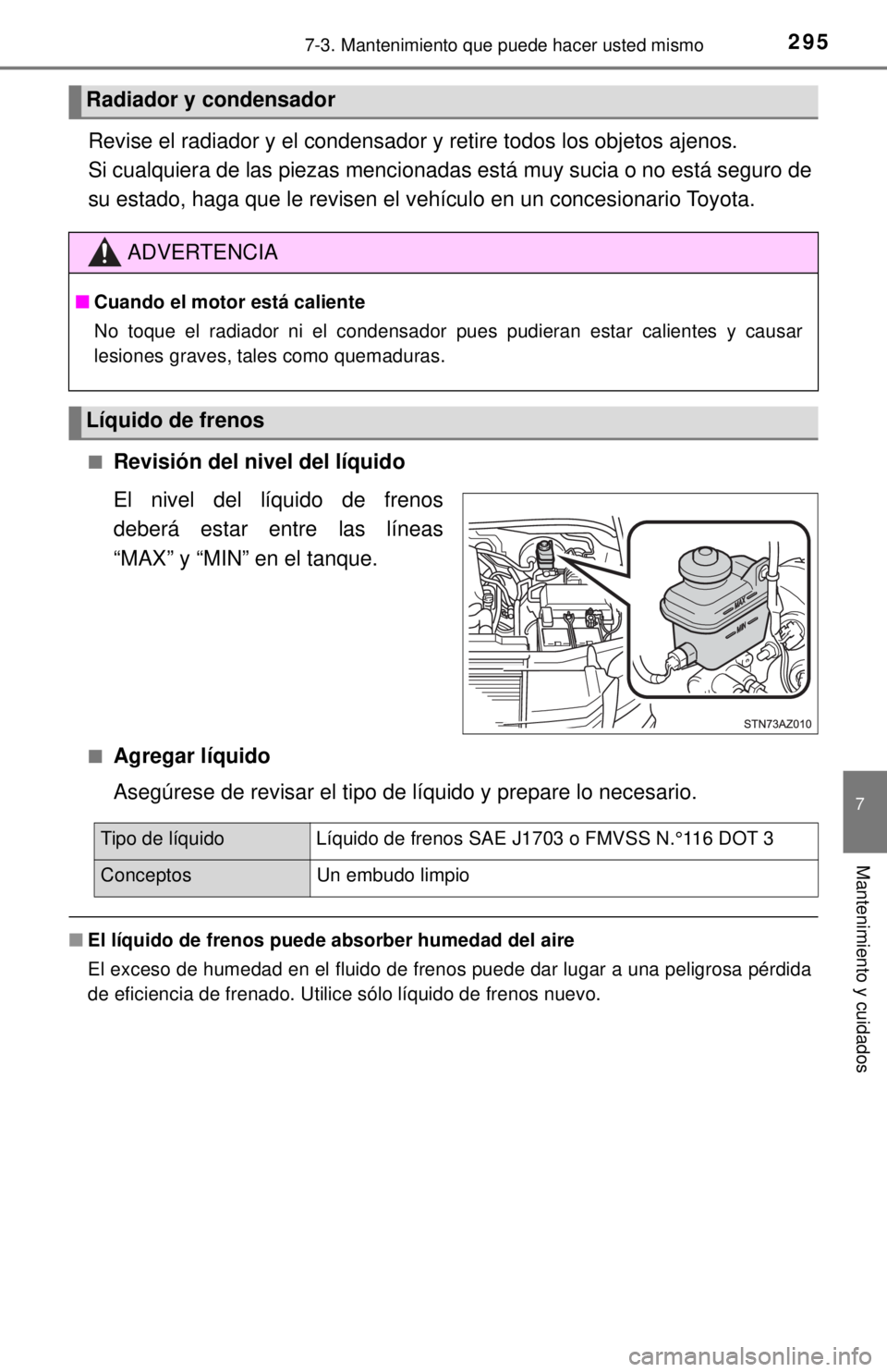 TOYOTA TUNDRA 2018 Manual del propietario (in Spanish) 2957-3. Mantenimiento que puede hacer usted mismo
7
Mantenimiento y cuidados
Revise el radiador y el condensador y retire todos los objetos ajenos.
Si cualquiera de las piezas mencionadas está muy s TOYOTA TUNDRA 2018 Manual del propietario (in Spanish) 2957-3. Mantenimiento que puede hacer usted mismo
7
Mantenimiento y cuidados
Revise el radiador y el condensador y retire todos los objetos ajenos.
Si cualquiera de las piezas mencionadas está muy s