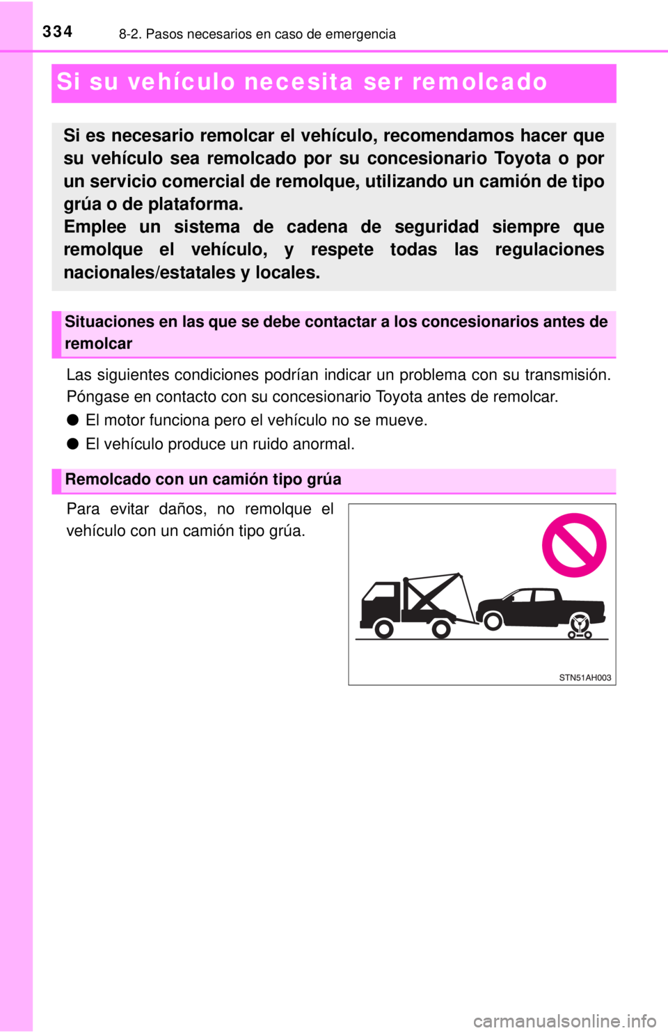TOYOTA TUNDRA 2018  Manual del propietario (in Spanish) 3348-2. Pasos necesarios en caso de emergencia
Si su vehículo necesita ser remolcado
Las siguientes condiciones podrían indi car un problema con su transmisión.
Póngase en contacto con su concesio