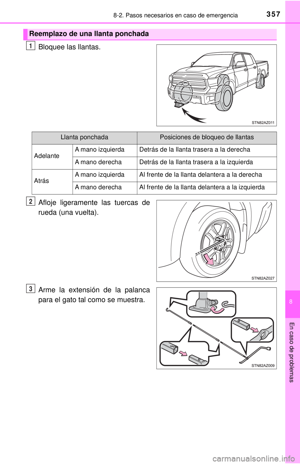 TOYOTA TUNDRA 2018 Manual del propietario (in Spanish) 3578-2. Pasos necesarios en caso de emergencia
8
En caso de problemas
Bloquee las llantas.
Afloje ligeramente las tuercas de
rueda (una vuelta).
Arme la extensión de la palanca
para el gato tal como TOYOTA TUNDRA 2018 Manual del propietario (in Spanish) 3578-2. Pasos necesarios en caso de emergencia
8
En caso de problemas
Bloquee las llantas.
Afloje ligeramente las tuercas de
rueda (una vuelta).
Arme la extensión de la palanca
para el gato tal como