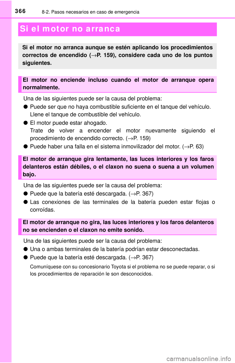 TOYOTA TUNDRA 2018  Manual del propietario (in Spanish) 3668-2. Pasos necesarios en caso de emergencia
Si el motor no arranca
Una de las siguientes puede ser la causa del problema:
●Puede ser que no haya combustible suficiente en el tanque del vehículo.