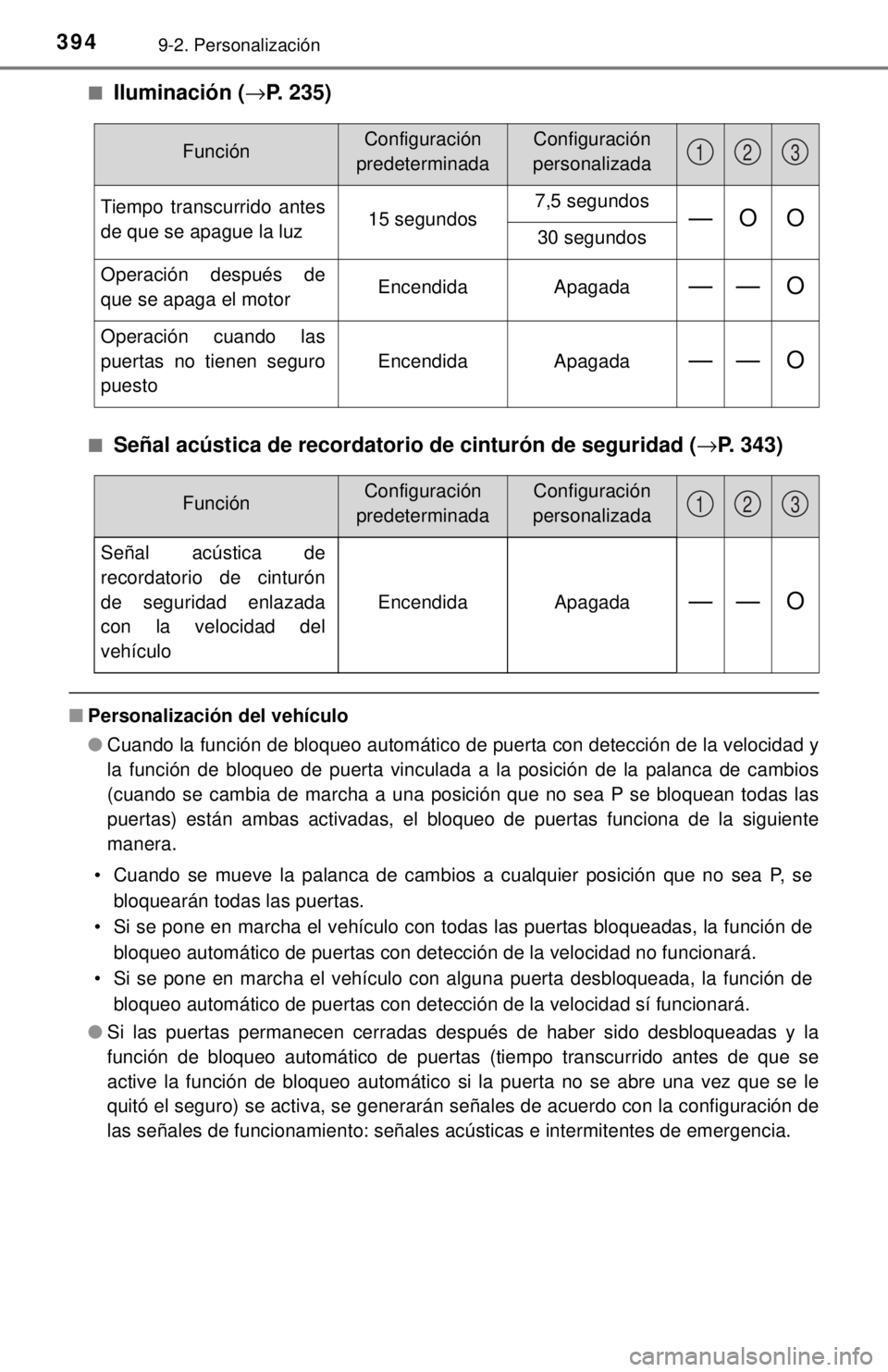 TOYOTA TUNDRA 2018  Manual del propietario (in Spanish) 3949-2. Personalización
■Iluminación (→P. 235)
■Señal acústica de recordatorio de cinturón de seguridad ( →P. 343)
■Personalización del vehículo
●Cuando la función de bloqueo autom