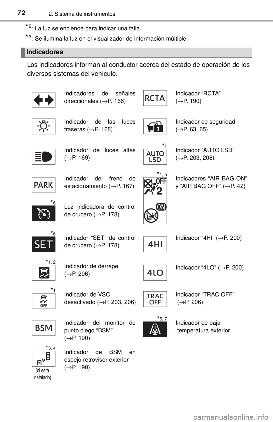 TOYOTA TUNDRA 2018  Manual del propietario (in Spanish) 722. Sistema de instrumentos
*2: La luz se enciende para indicar una falla.
*3: Se ilumina la luz en el visualizador de información múltiple.
Los indicadores informan al conductor acerca del estado 