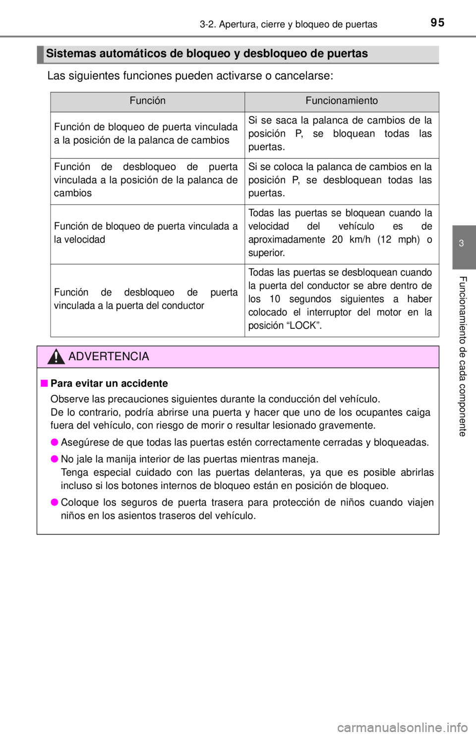 TOYOTA TUNDRA 2018  Manual del propietario (in Spanish) 953-2. Apertura, cierre y bloqueo de puertas
3
Funcionamiento de cada componente
Las siguientes funciones pueden activarse o cancelarse:
Sistemas automáticos de bloqueo y desbloqueo de puertas
Funci