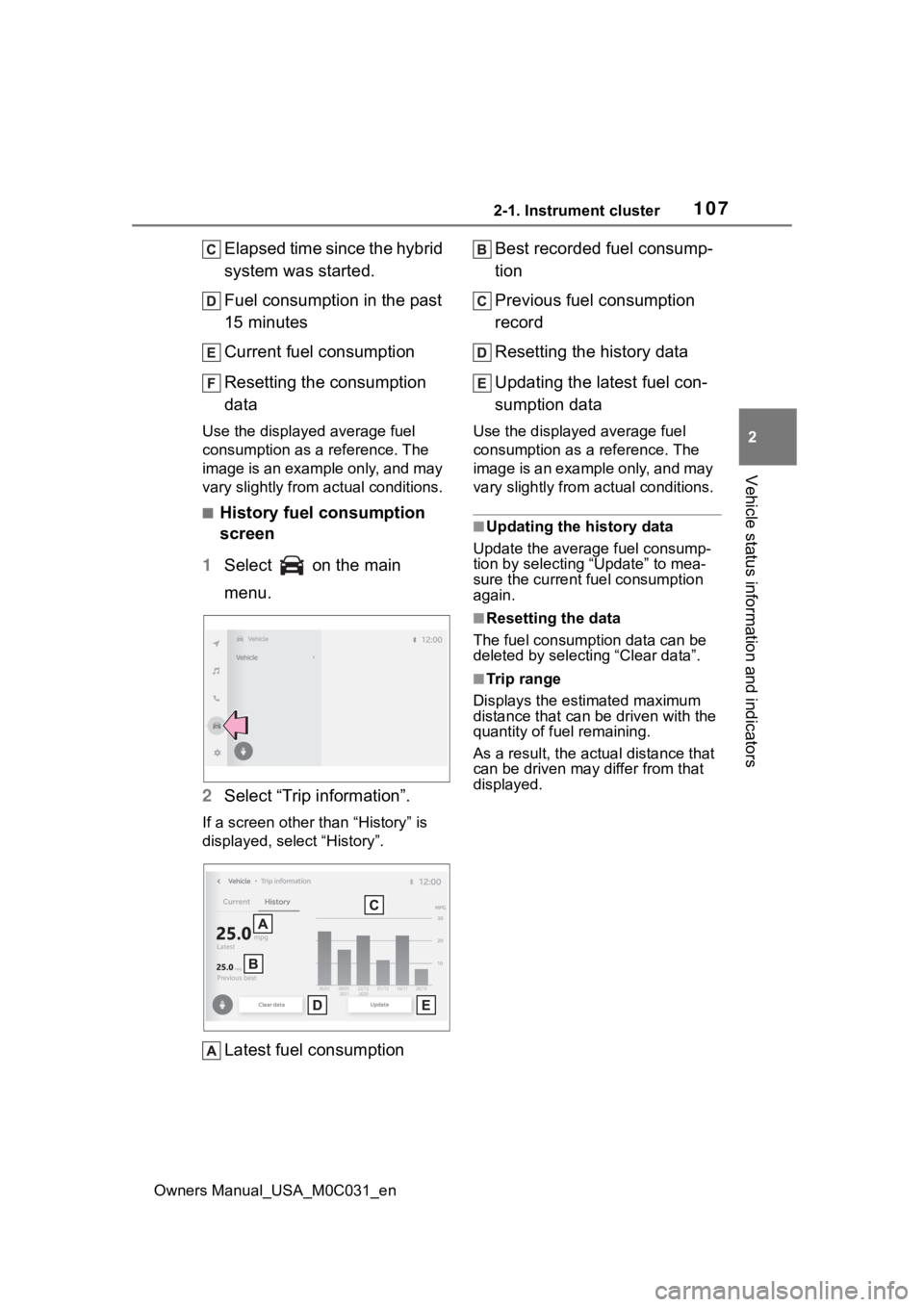 TOYOTA TUNDRA HYBRID 2022 Owners Manual 1072-1. Instrument cluster
Owners Manual_USA_M0C031_en
2
Vehicle status information and indicators
Elapsed time since the hybrid
system was started.
Fuel consumption in the past
15 minutes
Current f TOYOTA TUNDRA HYBRID 2022 Owners Manual 1072-1. Instrument cluster
Owners Manual_USA_M0C031_en
2
Vehicle status information and indicators
Elapsed time since the hybrid
system was started.
Fuel consumption in the past
15 minutes
Current f