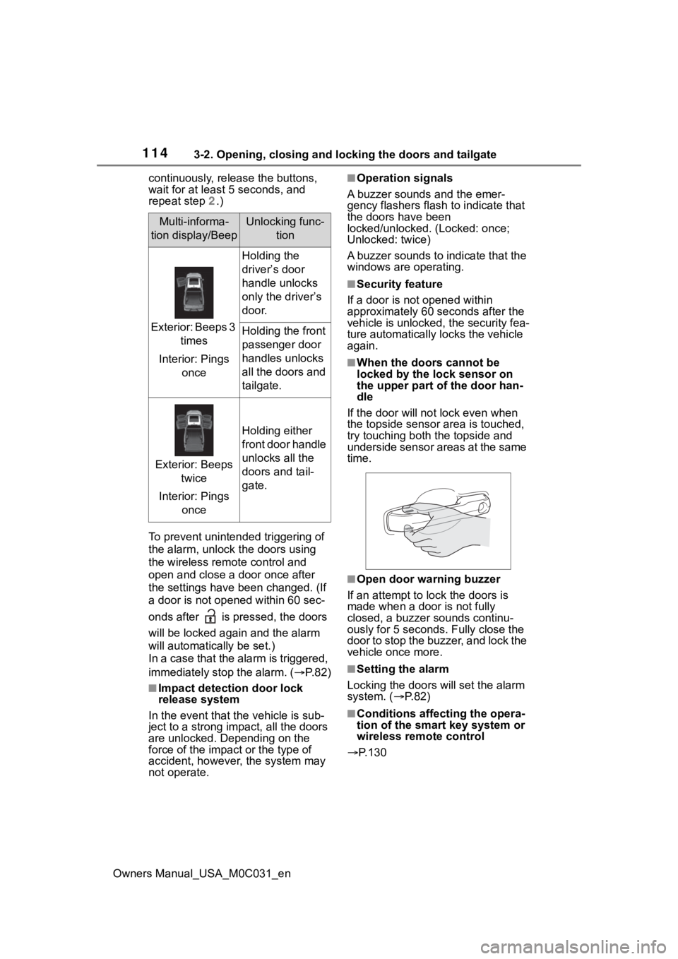TOYOTA TUNDRA HYBRID 2022 Owners Manual 1143-2. Opening, closing and locking the doors and tailgate
Owners Manual_USA_M0C031_encontinuously, release the buttons,
wait for at least 5 seconds, and
repeat step
2.)
To prevent unintended trig TOYOTA TUNDRA HYBRID 2022 Owners Manual 1143-2. Opening, closing and locking the doors and tailgate
Owners Manual_USA_M0C031_encontinuously, release the buttons,
wait for at least 5 seconds, and
repeat step
2.)
To prevent unintended trig