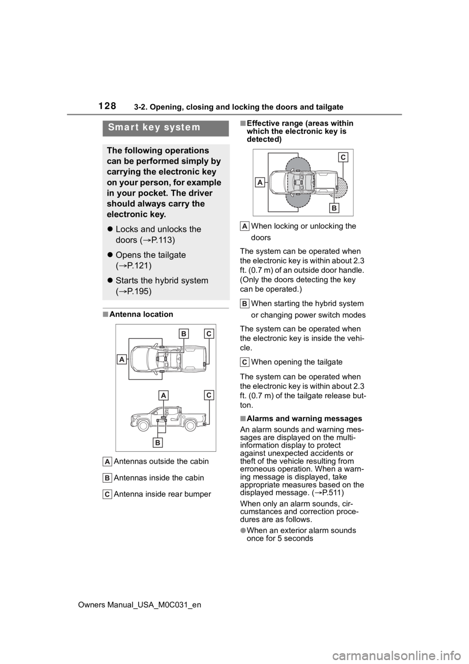 TOYOTA TUNDRA HYBRID 2022 Owners Manual 1283-2. Opening, closing and locking the doors and tailgate
Owners Manual_USA_M0C031_en
■Antenna location
Antennas outside the cabin
Antennas inside the cabin
Antenna inside rear bumper
■Effective TOYOTA TUNDRA HYBRID 2022 Owners Manual 1283-2. Opening, closing and locking the doors and tailgate
Owners Manual_USA_M0C031_en
■Antenna location
Antennas outside the cabin
Antennas inside the cabin
Antenna inside rear bumper
■Effective