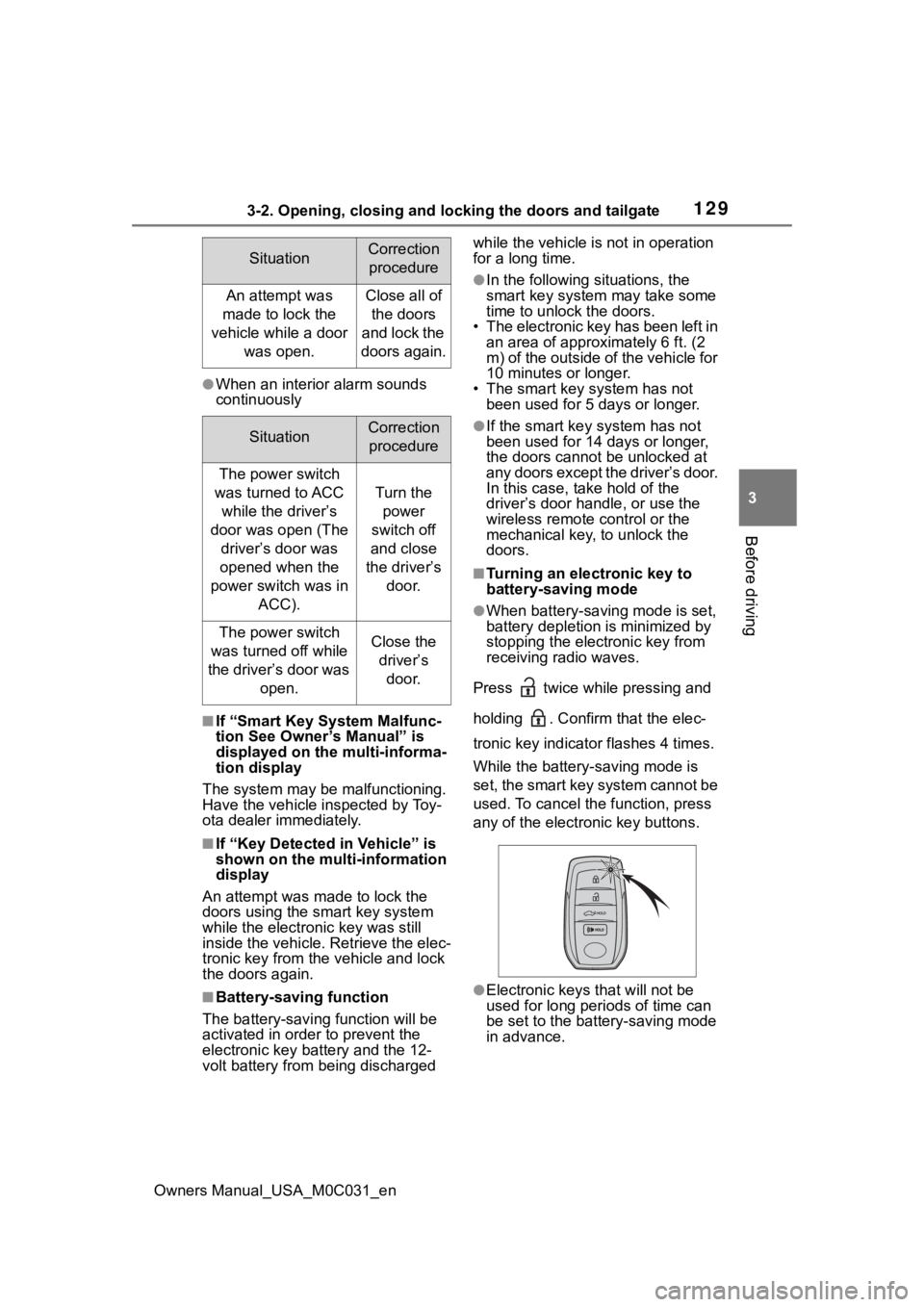 TOYOTA TUNDRA HYBRID 2022 Owners Manual 1293-2. Opening, closing and locking the doors and tailgate
Owners Manual_USA_M0C031_en
3
Before driving
●When an interior alarm sounds
continuously
■If “Smart Key System Malfunc-
tion See Owne TOYOTA TUNDRA HYBRID 2022 Owners Manual 1293-2. Opening, closing and locking the doors and tailgate
Owners Manual_USA_M0C031_en
3
Before driving
●When an interior alarm sounds
continuously
■If “Smart Key System Malfunc-
tion See Owne