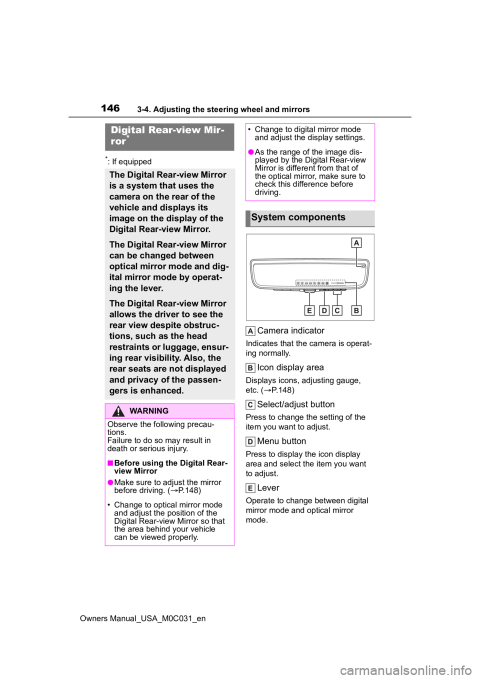 TOYOTA TUNDRA HYBRID 2022 Owners Manual 1463-4. Adjusting the steering wheel and mirrors
Owners Manual_USA_M0C031_en
*: If equipped
Camera indicator
Indicates that the camera is operat-
ing normally.
Icon display area
Displays icons, adjust TOYOTA TUNDRA HYBRID 2022 Owners Manual 1463-4. Adjusting the steering wheel and mirrors
Owners Manual_USA_M0C031_en
*: If equipped
Camera indicator
Indicates that the camera is operat-
ing normally.
Icon display area
Displays icons, adjust