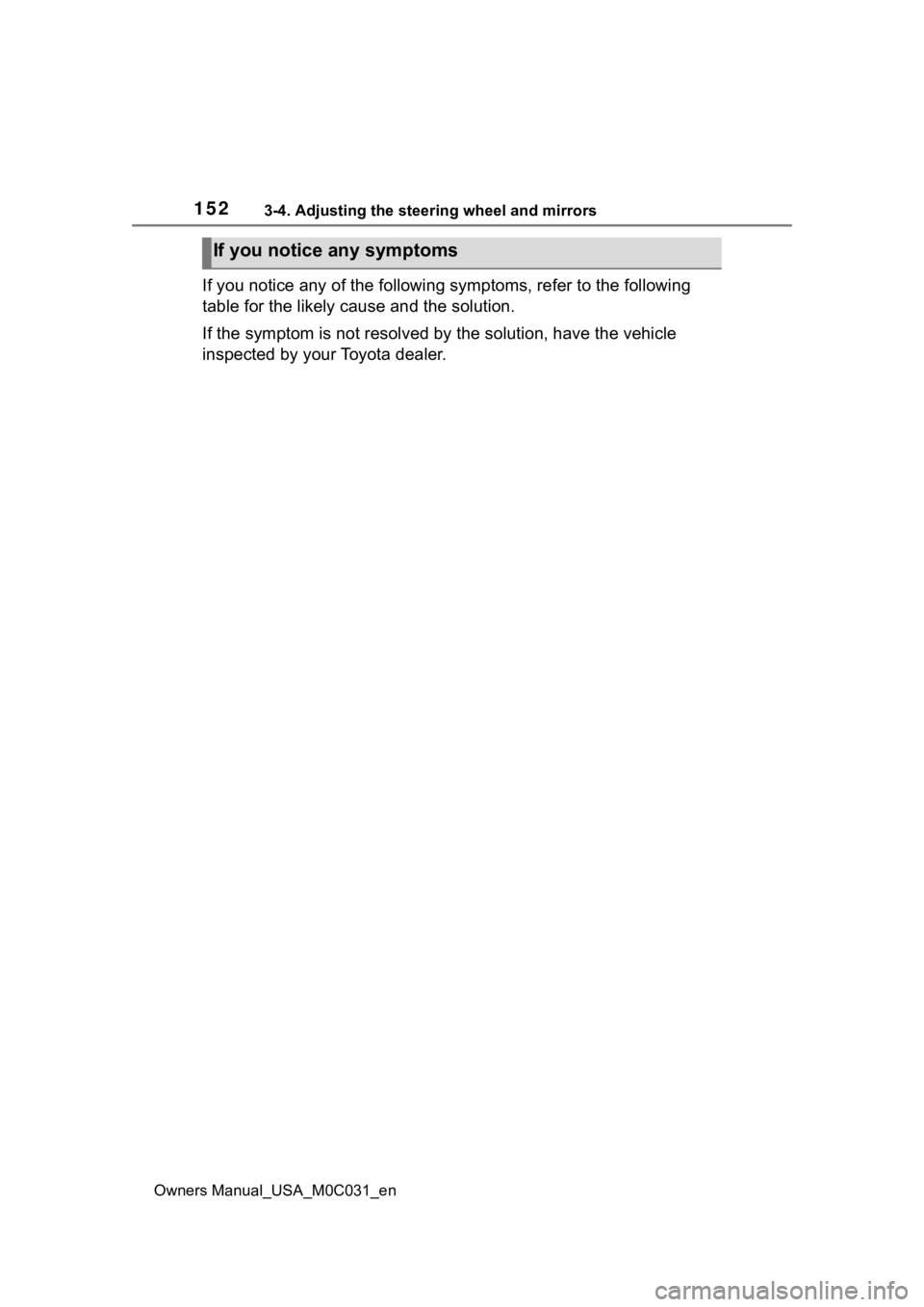 TOYOTA TUNDRA HYBRID 2022 Owners Manual 1523-4. Adjusting the steering wheel and mirrors
Owners Manual_USA_M0C031_en
If you notice any of the following symptoms, refer to the following
table for the likely cause and the solution.
If the sy TOYOTA TUNDRA HYBRID 2022 Owners Manual 1523-4. Adjusting the steering wheel and mirrors
Owners Manual_USA_M0C031_en
If you notice any of the following symptoms, refer to the following
table for the likely cause and the solution.
If the sy