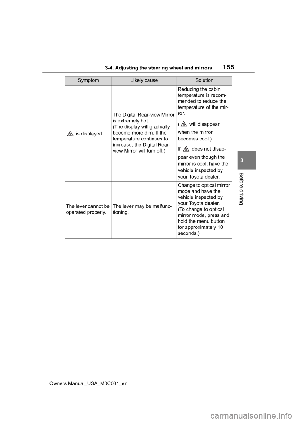 TOYOTA TUNDRA HYBRID 2022 Owners Manual 1553-4. Adjusting the steering wheel and mirrors
Owners Manual_USA_M0C031_en
3
Before driving
is displayed.
The Digital Rear-view Mirror
is extremely hot.
(The display will gradually
become more d TOYOTA TUNDRA HYBRID 2022 Owners Manual 1553-4. Adjusting the steering wheel and mirrors
Owners Manual_USA_M0C031_en
3
Before driving
is displayed.
The Digital Rear-view Mirror
is extremely hot.
(The display will gradually
become more d