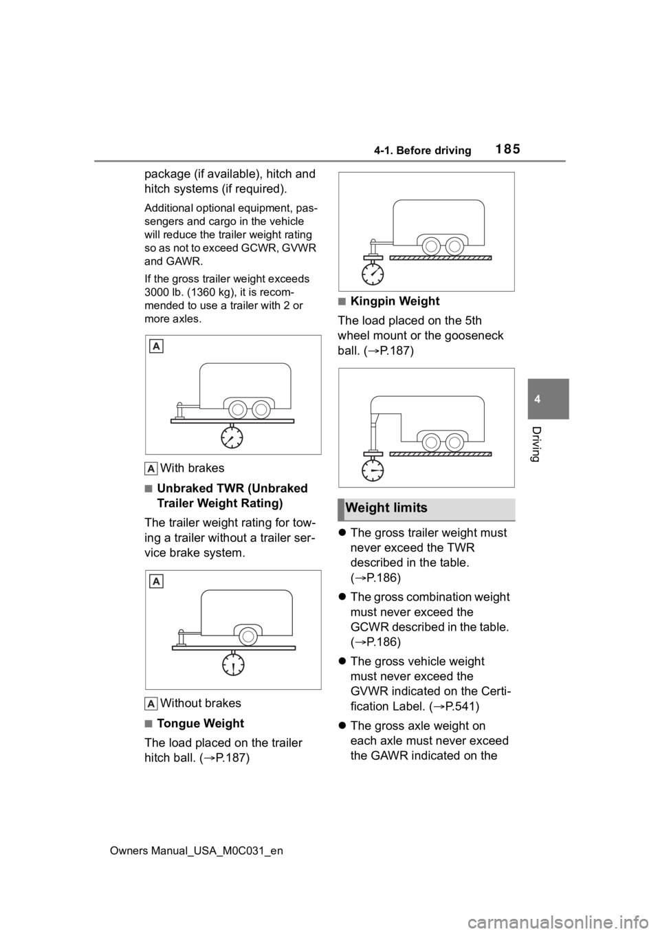 TOYOTA TUNDRA HYBRID 2022 Owners Manual 1854-1. Before driving
Owners Manual_USA_M0C031_en
4
Driving
package (if available), hitch and
hitch systems (if required).
Additional optional equipment, pas-
sengers and cargo in the vehicle
will TOYOTA TUNDRA HYBRID 2022 Owners Manual 1854-1. Before driving
Owners Manual_USA_M0C031_en
4
Driving
package (if available), hitch and
hitch systems (if required).
Additional optional equipment, pas-
sengers and cargo in the vehicle
will