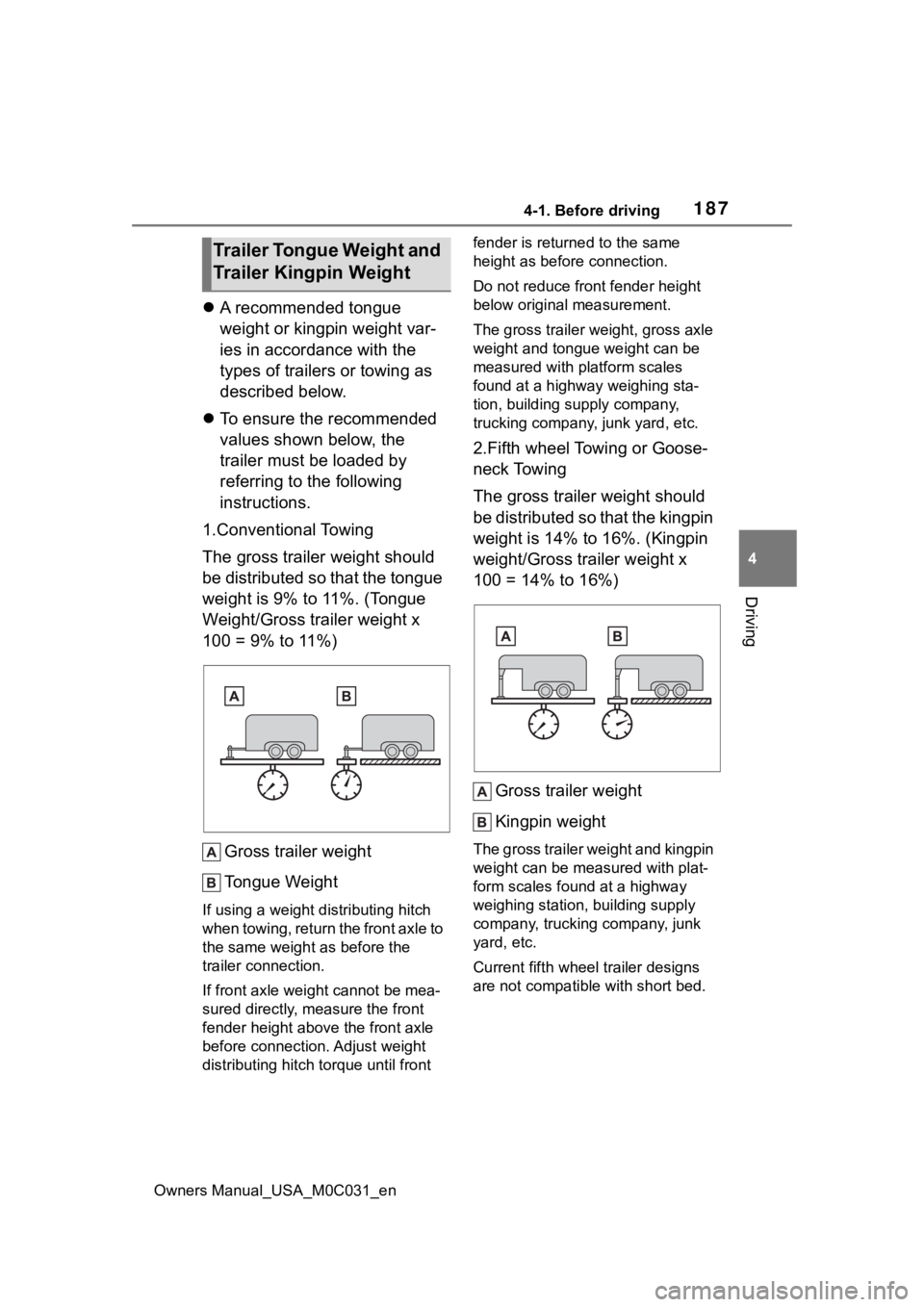 TOYOTA TUNDRA HYBRID 2022 Owners Manual 1874-1. Before driving
Owners Manual_USA_M0C031_en
4
Driving
A recommended tongue
weight or kingpin weight var-
ies in accordance with the
types of trailers or towing as
described below.
To TOYOTA TUNDRA HYBRID 2022 Owners Manual 1874-1. Before driving
Owners Manual_USA_M0C031_en
4
Driving
A recommended tongue
weight or kingpin weight var-
ies in accordance with the
types of trailers or towing as
described below.
To