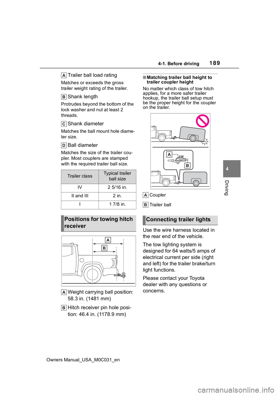 TOYOTA TUNDRA HYBRID 2022 Owners Manual 1894-1. Before driving
Owners Manual_USA_M0C031_en
4
Driving
Trailer ball load rating
Matches or exceeds the gross
trailer weight rat ing of the trailer.
Shank length
Protrudes beyond the bottom of t TOYOTA TUNDRA HYBRID 2022 Owners Manual 1894-1. Before driving
Owners Manual_USA_M0C031_en
4
Driving
Trailer ball load rating
Matches or exceeds the gross
trailer weight rat ing of the trailer.
Shank length
Protrudes beyond the bottom of t