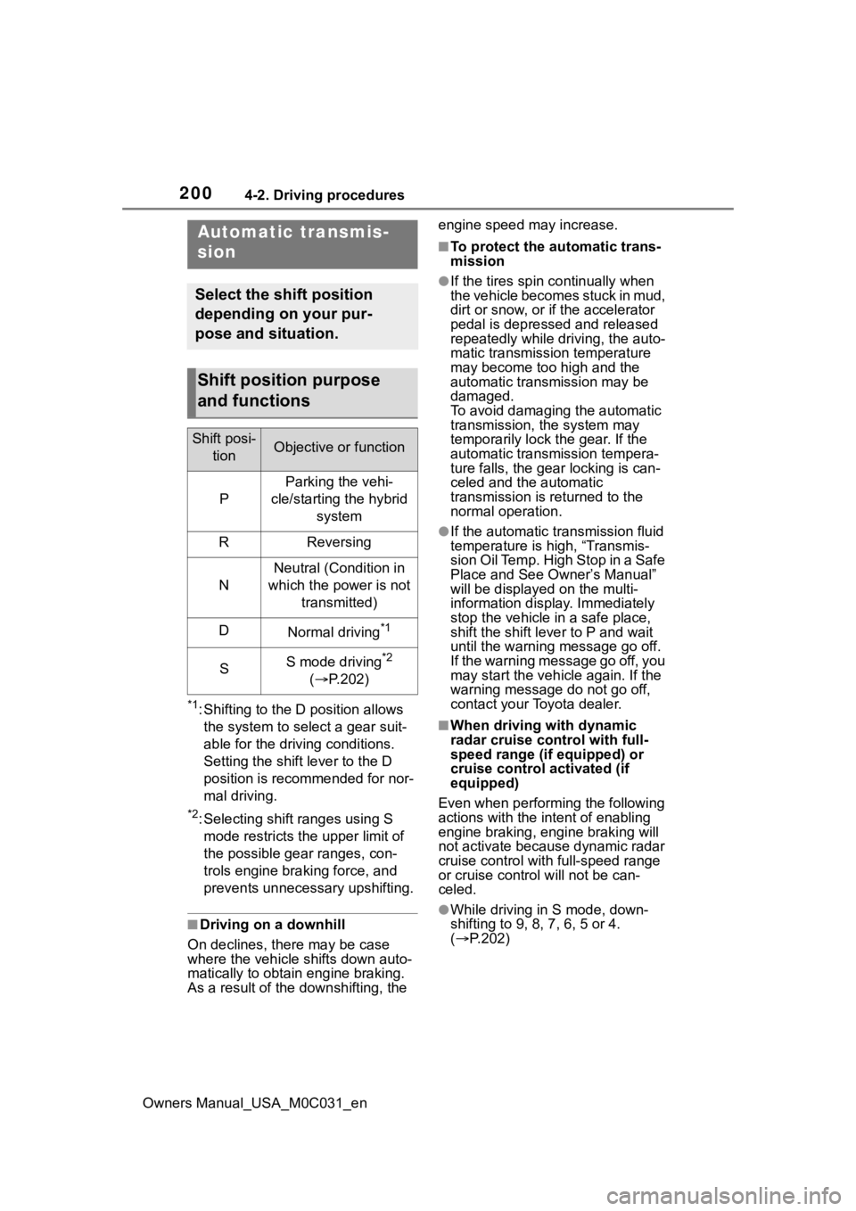 TOYOTA TUNDRA HYBRID 2022 Owners Manual 2004-2. Driving procedures
Owners Manual_USA_M0C031_en
*1: Shifting to the D position allows the system to select a gear suit-
able for the driving conditions.
Setting the shift lever to the D
posit TOYOTA TUNDRA HYBRID 2022 Owners Manual 2004-2. Driving procedures
Owners Manual_USA_M0C031_en
*1: Shifting to the D position allows the system to select a gear suit-
able for the driving conditions.
Setting the shift lever to the D
posit