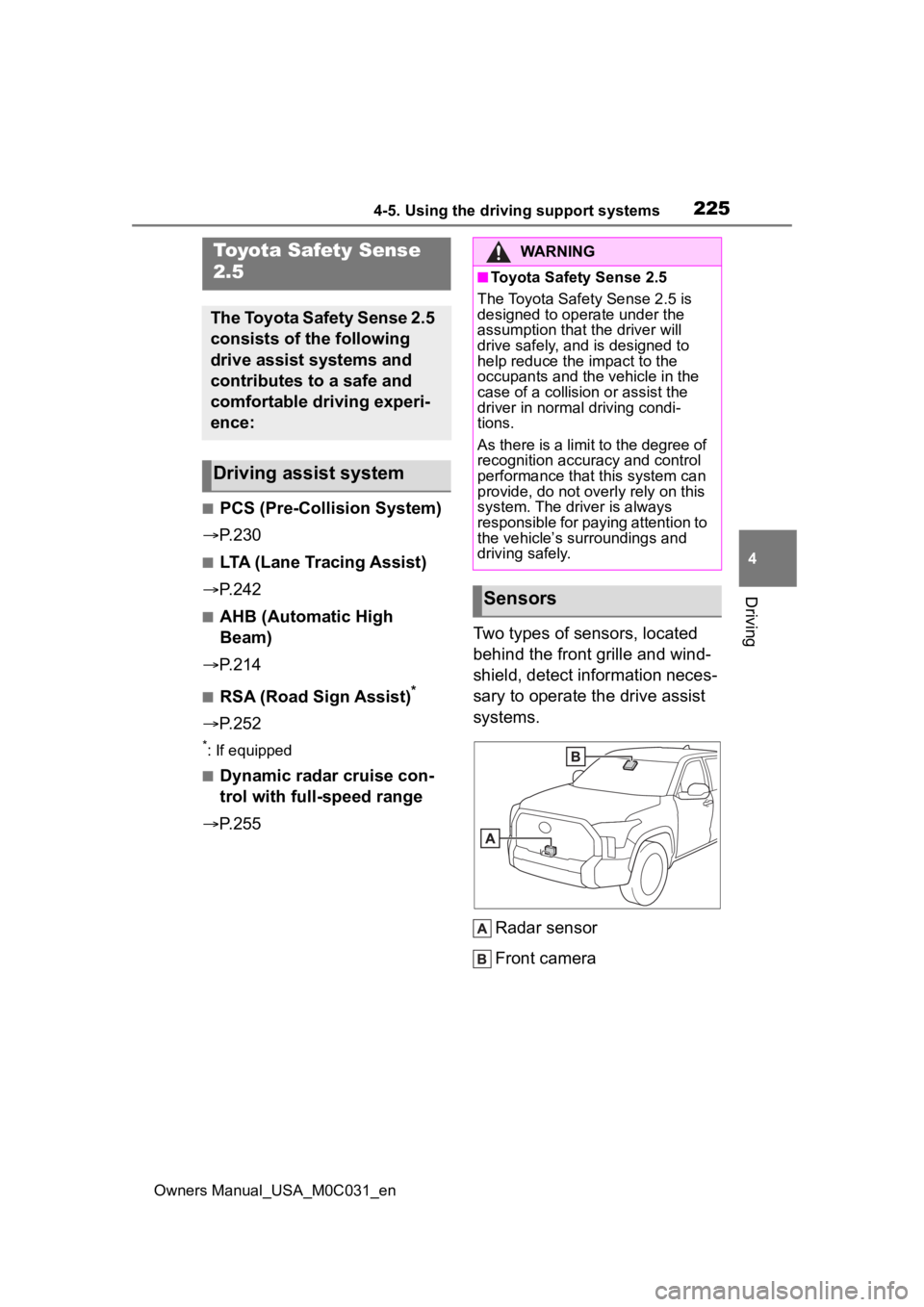 TOYOTA TUNDRA HYBRID 2022 Owners Manual 2254-5. Using the driving support systems
Owners Manual_USA_M0C031_en
4
Driving
4-5.Using the driving support systems
■PCS (Pre-Collision System)
P.230
■LTA (Lane Tracing Assist)
P.242
■ TOYOTA TUNDRA HYBRID 2022 Owners Manual 2254-5. Using the driving support systems
Owners Manual_USA_M0C031_en
4
Driving
4-5.Using the driving support systems
■PCS (Pre-Collision System)
P.230
■LTA (Lane Tracing Assist)
P.242
■