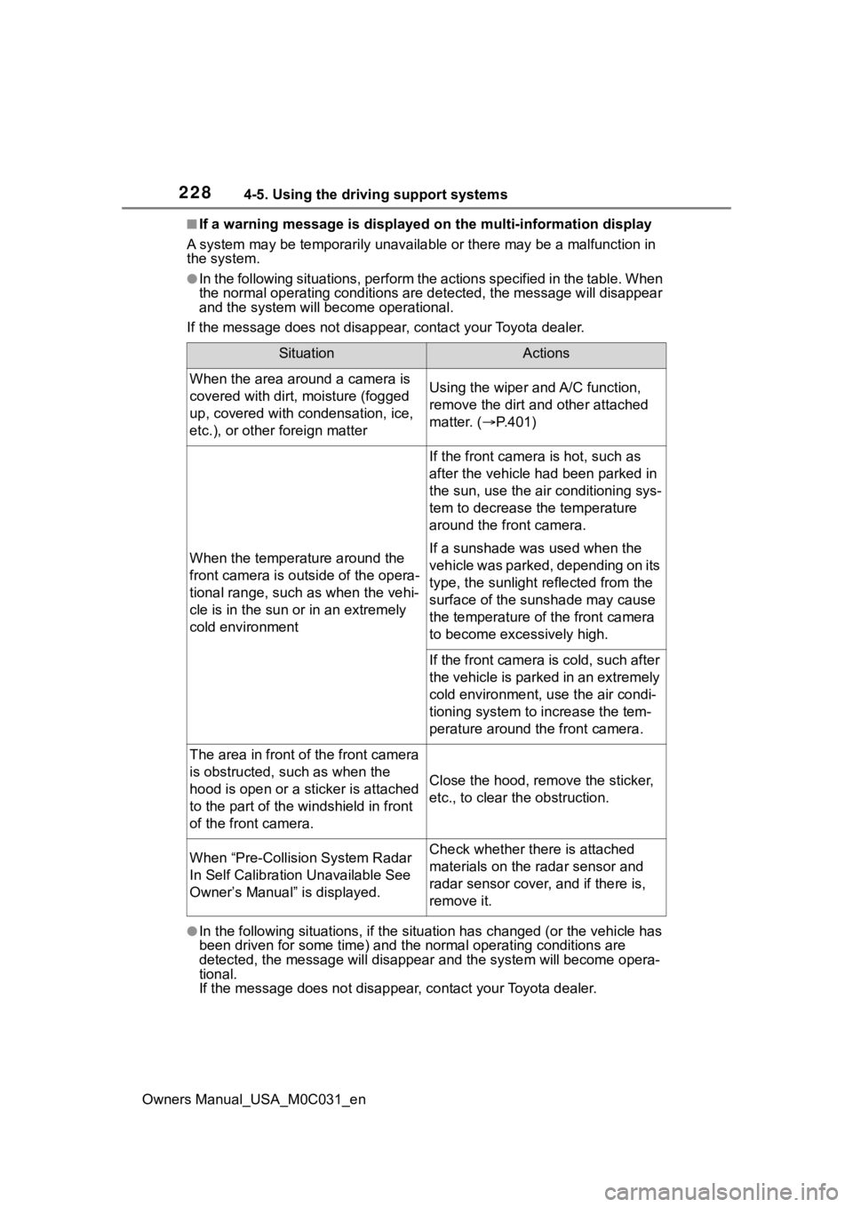 TOYOTA TUNDRA HYBRID 2022 Owners Manual 2284-5. Using the driving support systems
Owners Manual_USA_M0C031_en
■If a warning message is displayed on the multi-information display
A system may be tempor arily unavailable or there may be a m TOYOTA TUNDRA HYBRID 2022 Owners Manual 2284-5. Using the driving support systems
Owners Manual_USA_M0C031_en
■If a warning message is displayed on the multi-information display
A system may be tempor arily unavailable or there may be a m