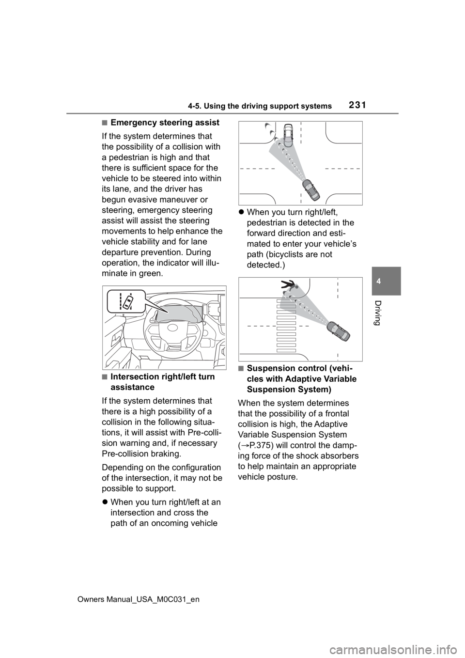 TOYOTA TUNDRA HYBRID 2022 Owners Manual 2314-5. Using the driving support systems
Owners Manual_USA_M0C031_en
4
Driving
■Emergency steering assist
If the system determines that
the possibility of a collision with
a pedestrian is high an TOYOTA TUNDRA HYBRID 2022 Owners Manual 2314-5. Using the driving support systems
Owners Manual_USA_M0C031_en
4
Driving
■Emergency steering assist
If the system determines that
the possibility of a collision with
a pedestrian is high an