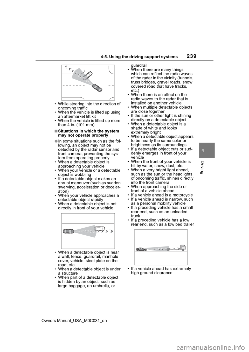 TOYOTA TUNDRA HYBRID 2022 Owners Manual 2394-5. Using the driving support systems
Owners Manual_USA_M0C031_en
4
Driving
• While steering into the direction of oncoming traffic
• When the vehicle is lifted up using
an aftermarket lift TOYOTA TUNDRA HYBRID 2022 Owners Manual 2394-5. Using the driving support systems
Owners Manual_USA_M0C031_en
4
Driving
• While steering into the direction of oncoming traffic
• When the vehicle is lifted up using
an aftermarket lift