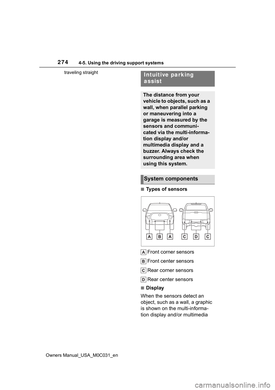 TOYOTA TUNDRA HYBRID 2022 Owners Manual 2744-5. Using the driving support systems
Owners Manual_USA_M0C031_entraveling straight
■Types of sensors
Front corner sensors
Front center sensors
Rear corner sensors
Rear center sensors
■Display TOYOTA TUNDRA HYBRID 2022 Owners Manual 2744-5. Using the driving support systems
Owners Manual_USA_M0C031_entraveling straight
■Types of sensors
Front corner sensors
Front center sensors
Rear corner sensors
Rear center sensors
■Display