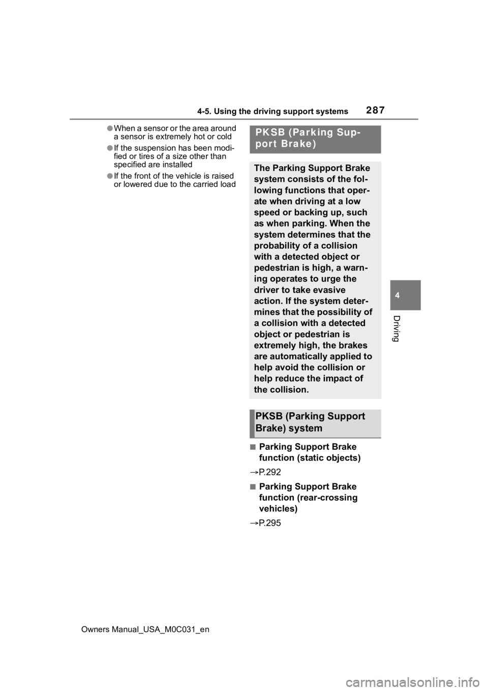 TOYOTA TUNDRA HYBRID 2022 Owners Manual 2874-5. Using the driving support systems
Owners Manual_USA_M0C031_en
4
Driving
●When a sensor or the area around
a sensor is extremely hot or cold
●If the suspension has been modi-
fied or tires TOYOTA TUNDRA HYBRID 2022 Owners Manual 2874-5. Using the driving support systems
Owners Manual_USA_M0C031_en
4
Driving
●When a sensor or the area around
a sensor is extremely hot or cold
●If the suspension has been modi-
fied or tires