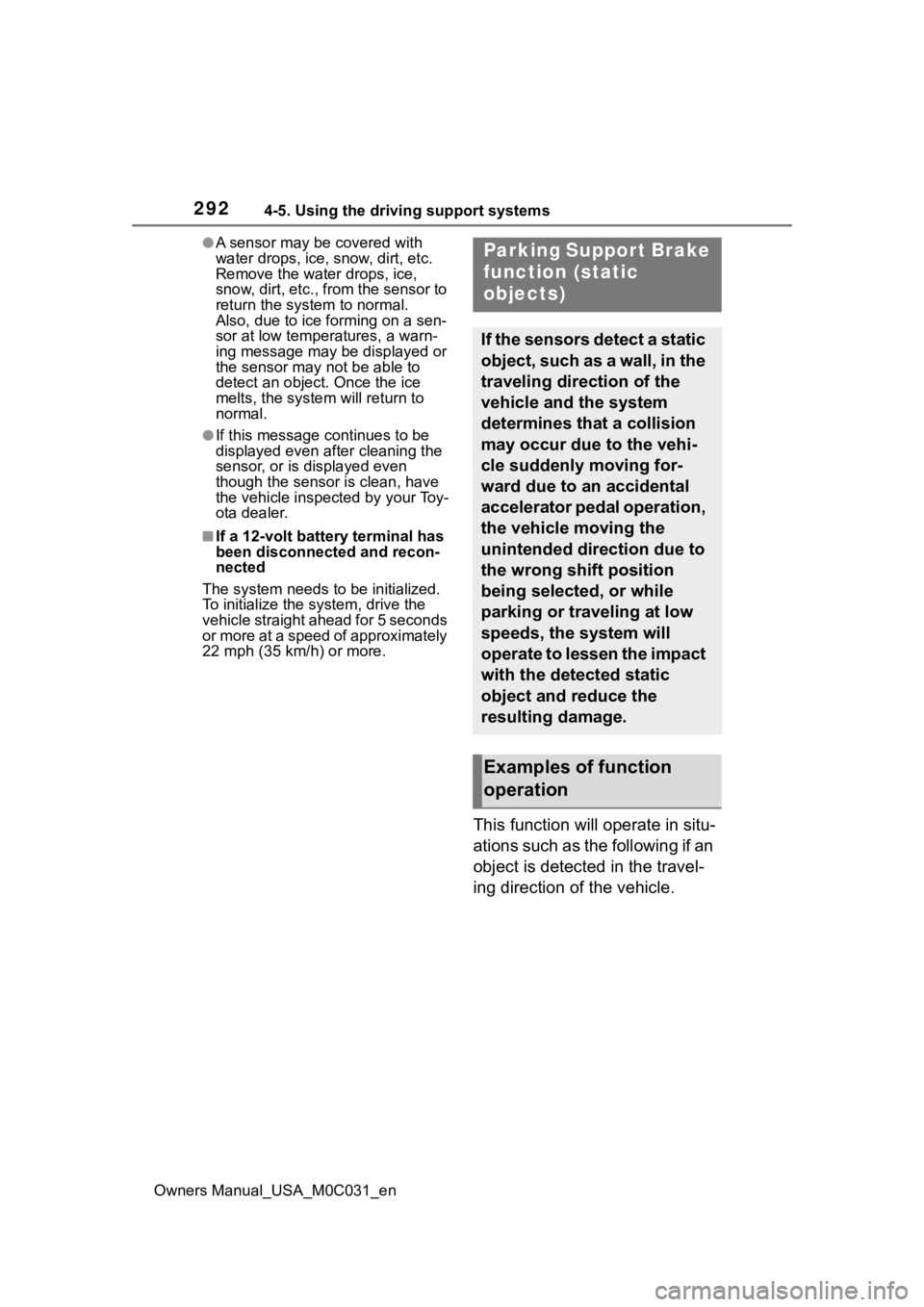 TOYOTA TUNDRA HYBRID 2022 Owners Manual 2924-5. Using the driving support systems
Owners Manual_USA_M0C031_en
●A sensor may be covered with
water drops, ice, snow, dirt, etc.
Remove the water drops, ice,
snow, dirt, etc., from the sens TOYOTA TUNDRA HYBRID 2022 Owners Manual 2924-5. Using the driving support systems
Owners Manual_USA_M0C031_en
●A sensor may be covered with
water drops, ice, snow, dirt, etc.
Remove the water drops, ice,
snow, dirt, etc., from the sens