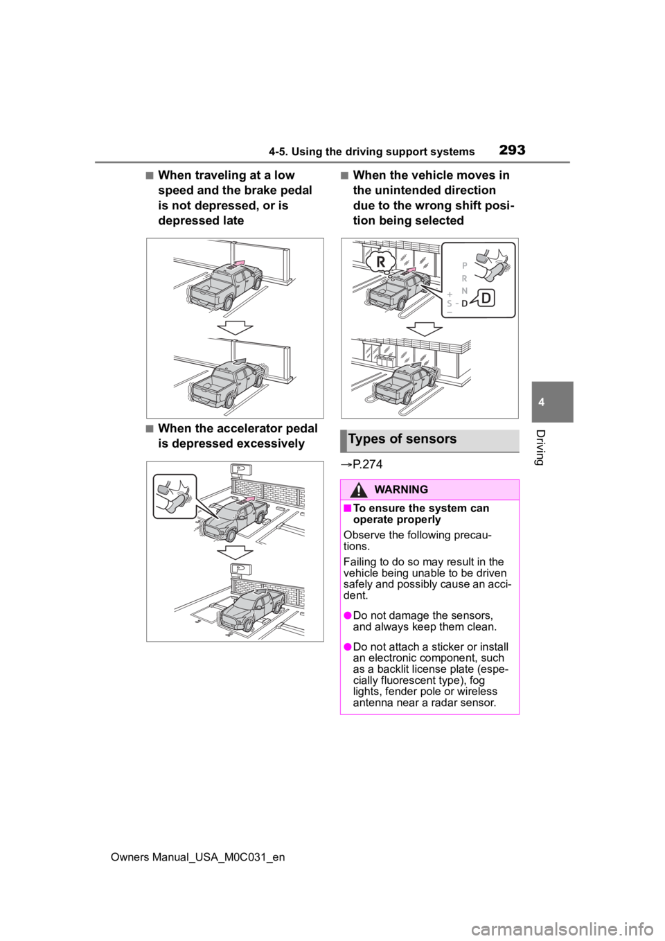 TOYOTA TUNDRA HYBRID 2022 Owners Manual 2934-5. Using the driving support systems
Owners Manual_USA_M0C031_en
4
Driving
■When traveling at a low
speed and the brake pedal
is not depressed, or is
depressed late
■When the accelerator p TOYOTA TUNDRA HYBRID 2022 Owners Manual 2934-5. Using the driving support systems
Owners Manual_USA_M0C031_en
4
Driving
■When traveling at a low
speed and the brake pedal
is not depressed, or is
depressed late
■When the accelerator p
