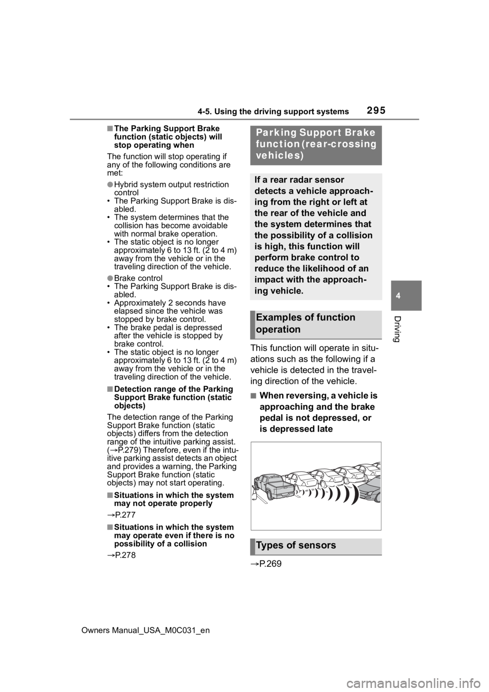 TOYOTA TUNDRA HYBRID 2022 Owners Manual 2954-5. Using the driving support systems
Owners Manual_USA_M0C031_en
4
Driving
■The Parking Support Brake
function (static objects) will
stop operating when
The function will st op operating if
TOYOTA TUNDRA HYBRID 2022 Owners Manual 2954-5. Using the driving support systems
Owners Manual_USA_M0C031_en
4
Driving
■The Parking Support Brake
function (static objects) will
stop operating when
The function will st op operating if