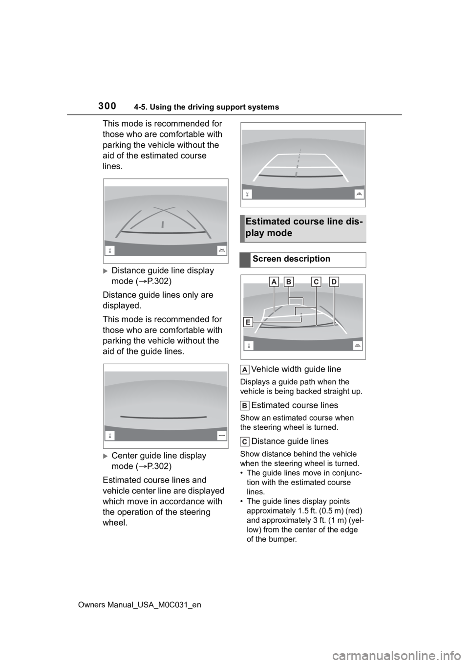TOYOTA TUNDRA HYBRID 2022 Owners Manual 3004-5. Using the driving support systems
Owners Manual_USA_M0C031_en
This mode is recommended for
those who are comfortable with
parking the vehicle without the
aid of the estimated course
lines. TOYOTA TUNDRA HYBRID 2022 Owners Manual 3004-5. Using the driving support systems
Owners Manual_USA_M0C031_en
This mode is recommended for
those who are comfortable with
parking the vehicle without the
aid of the estimated course
lines.