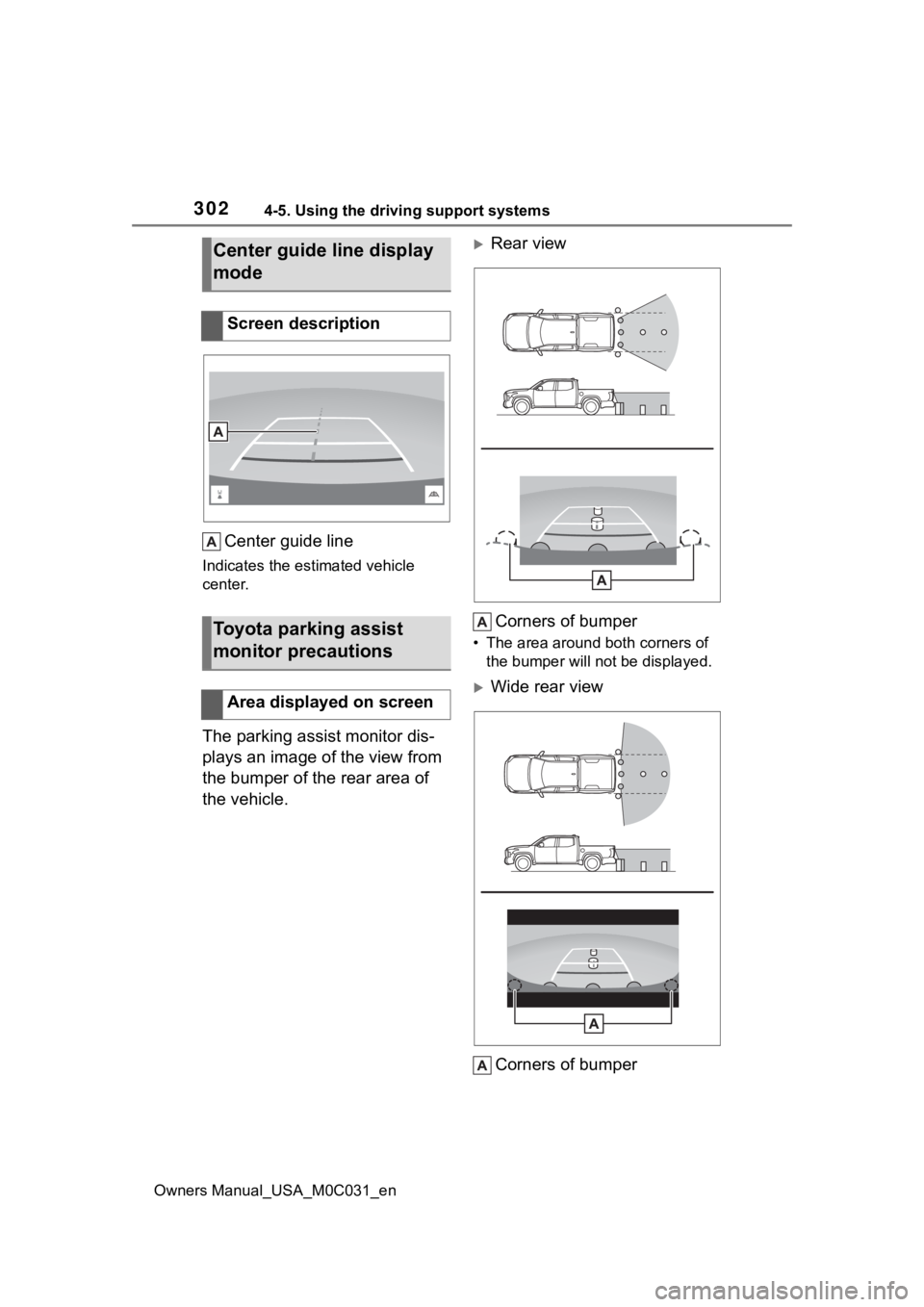 TOYOTA TUNDRA HYBRID 2022 Owners Manual 3024-5. Using the driving support systems
Owners Manual_USA_M0C031_en
Center guide line
Indicates the estimated vehicle
center.
The parking assist monitor dis-
plays an image of the view from
the bu TOYOTA TUNDRA HYBRID 2022 Owners Manual 3024-5. Using the driving support systems
Owners Manual_USA_M0C031_en
Center guide line
Indicates the estimated vehicle
center.
The parking assist monitor dis-
plays an image of the view from
the bu