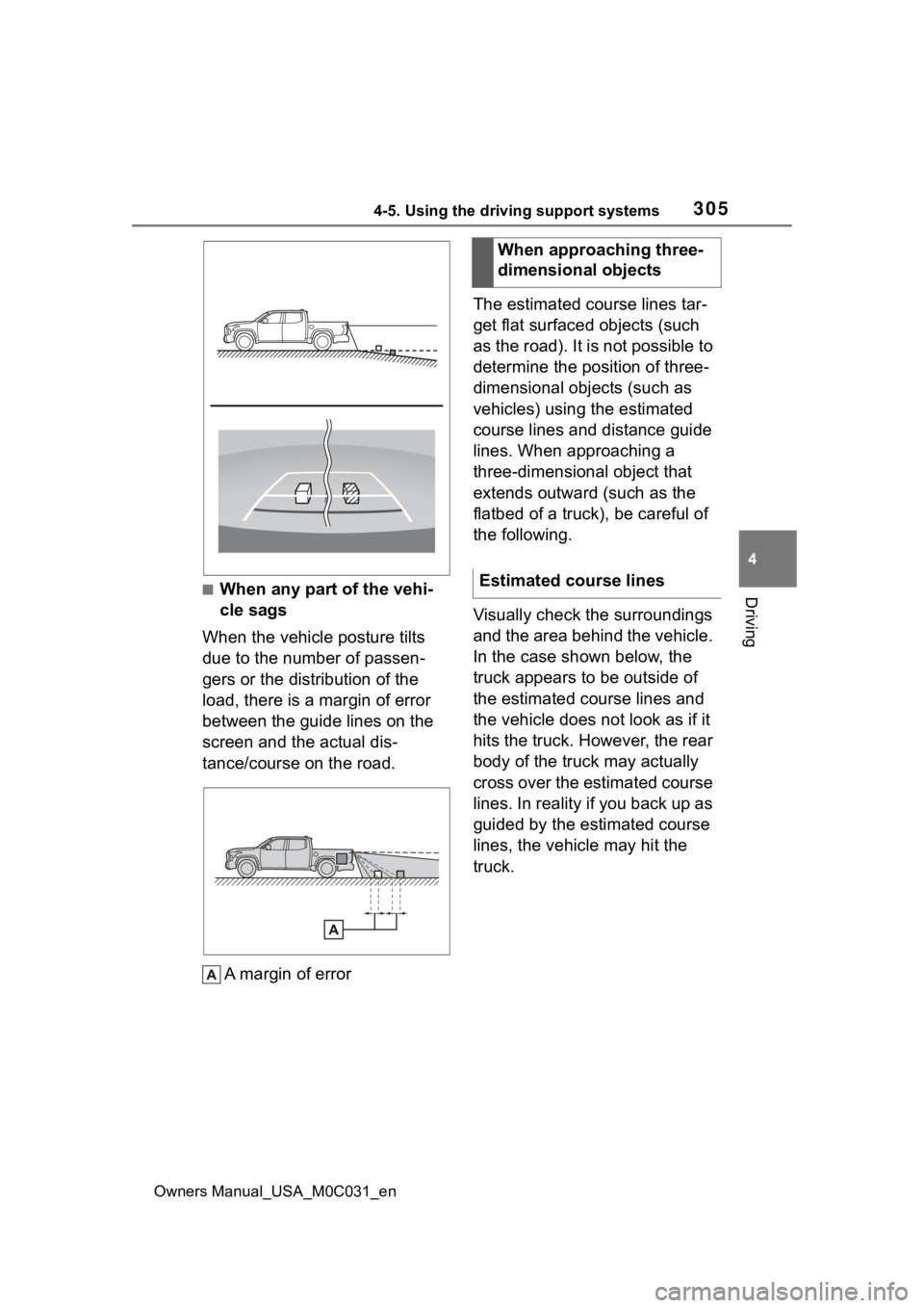 TOYOTA TUNDRA HYBRID 2022 Owners Manual 3054-5. Using the driving support systems
Owners Manual_USA_M0C031_en
4
Driving■When any part of the vehi-
cle sags
When the vehicle posture tilts
due to the number of passen-
gers or the distribut TOYOTA TUNDRA HYBRID 2022 Owners Manual 3054-5. Using the driving support systems
Owners Manual_USA_M0C031_en
4
Driving■When any part of the vehi-
cle sags
When the vehicle posture tilts
due to the number of passen-
gers or the distribut