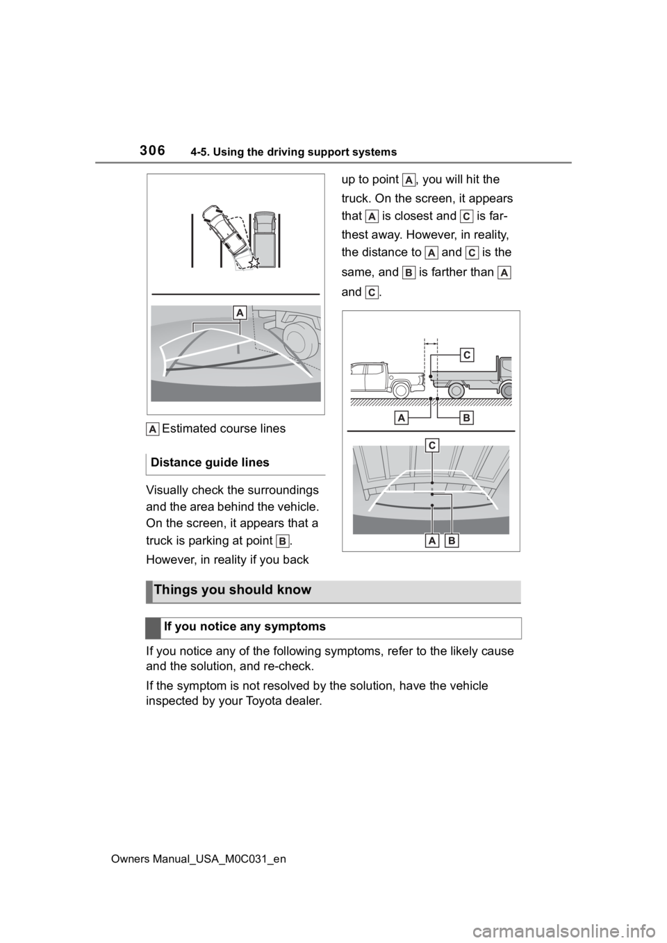 TOYOTA TUNDRA HYBRID 2022 Owners Manual 3064-5. Using the driving support systems
Owners Manual_USA_M0C031_en
Estimated course lines
Visually check the surroundings
and the area behind the vehicle.
On the screen, it appears that a
truck TOYOTA TUNDRA HYBRID 2022 Owners Manual 3064-5. Using the driving support systems
Owners Manual_USA_M0C031_en
Estimated course lines
Visually check the surroundings
and the area behind the vehicle.
On the screen, it appears that a
truck