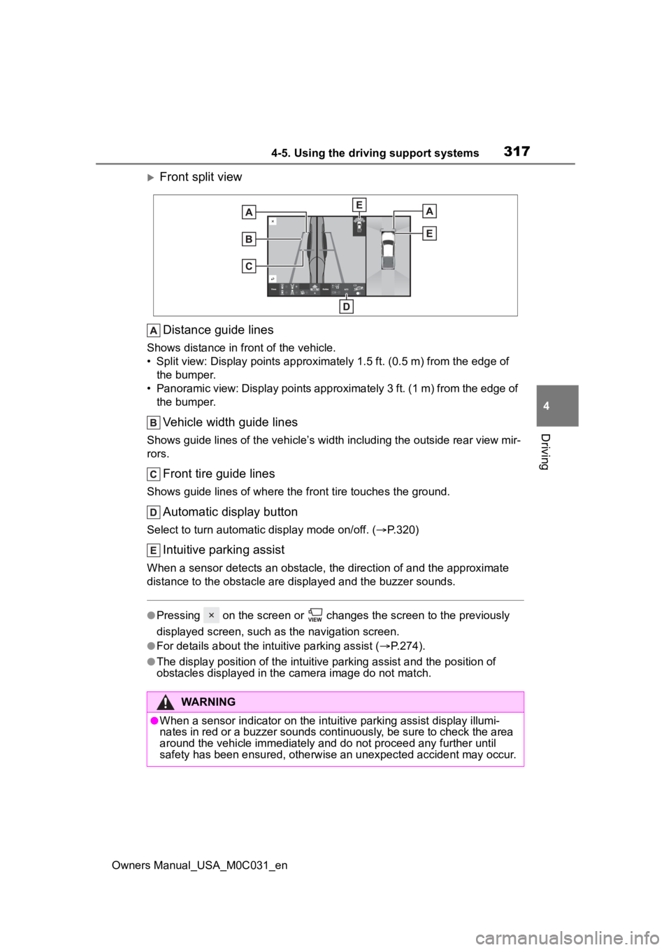 TOYOTA TUNDRA HYBRID 2022 Owners Manual 3174-5. Using the driving support systems
Owners Manual_USA_M0C031_en
4
Driving
Front split view Distance guide lines
Shows distance in fr ont of the vehicle.
• Split view: Display points appro x TOYOTA TUNDRA HYBRID 2022 Owners Manual 3174-5. Using the driving support systems
Owners Manual_USA_M0C031_en
4
Driving
Front split view Distance guide lines
Shows distance in fr ont of the vehicle.
• Split view: Display points appro x