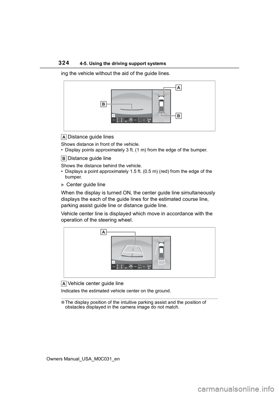 TOYOTA TUNDRA HYBRID 2022 Owners Manual 3244-5. Using the driving support systems
Owners Manual_USA_M0C031_en
ing the vehicle without the aid of the guide lines.Distance guide lines
Shows distance in front of the vehicle.
• Display points TOYOTA TUNDRA HYBRID 2022 Owners Manual 3244-5. Using the driving support systems
Owners Manual_USA_M0C031_en
ing the vehicle without the aid of the guide lines.Distance guide lines
Shows distance in front of the vehicle.
• Display points