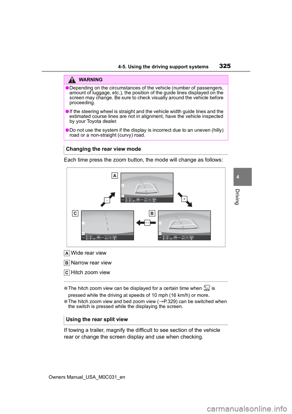 TOYOTA TUNDRA HYBRID 2022 Owners Manual 3254-5. Using the driving support systems
Owners Manual_USA_M0C031_en
4
Driving
Each time press the zoom button, the mode will change as follow s:
Wide rear view
Narrow rear view
Hitch zoom view
●Th TOYOTA TUNDRA HYBRID 2022 Owners Manual 3254-5. Using the driving support systems
Owners Manual_USA_M0C031_en
4
Driving
Each time press the zoom button, the mode will change as follow s:
Wide rear view
Narrow rear view
Hitch zoom view
●Th