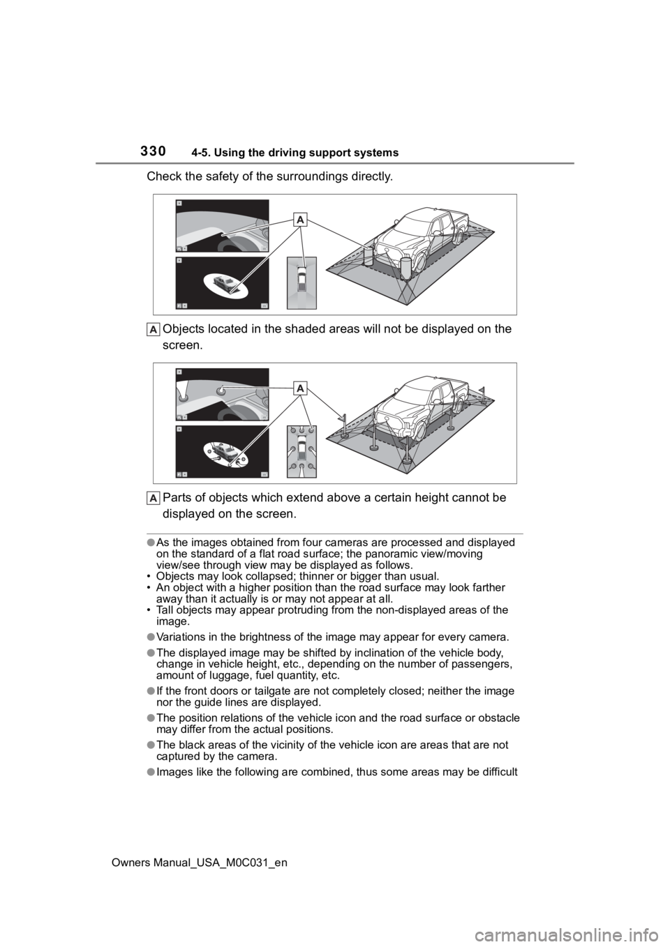 TOYOTA TUNDRA HYBRID 2022 Owners Manual 3304-5. Using the driving support systems
Owners Manual_USA_M0C031_en
Check the safety of the surroundings directly.Objects located in the shaded areas will not be displayed on th e
screen.
Parts of TOYOTA TUNDRA HYBRID 2022 Owners Manual 3304-5. Using the driving support systems
Owners Manual_USA_M0C031_en
Check the safety of the surroundings directly.Objects located in the shaded areas will not be displayed on th e
screen.
Parts of