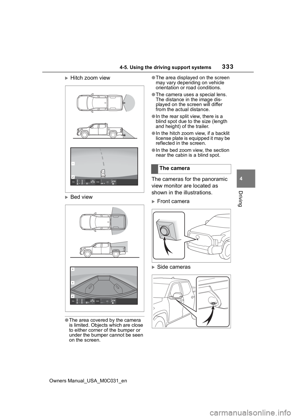 TOYOTA TUNDRA HYBRID 2022 Owners Manual 3334-5. Using the driving support systems
Owners Manual_USA_M0C031_en
4
Driving
Hitch zoom view
Bed view
●The area covered by the camera
is limited. Objects which are close
to either corner TOYOTA TUNDRA HYBRID 2022 Owners Manual 3334-5. Using the driving support systems
Owners Manual_USA_M0C031_en
4
Driving
Hitch zoom view
Bed view
●The area covered by the camera
is limited. Objects which are close
to either corner