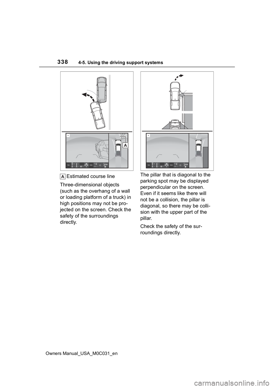TOYOTA TUNDRA HYBRID 2022 Owners Manual 3384-5. Using the driving support systems
Owners Manual_USA_M0C031_en
Estimated course line
Three-dimensional objects
(such as the overhang of a wall
or loading platform of a truck) in
high positio TOYOTA TUNDRA HYBRID 2022 Owners Manual 3384-5. Using the driving support systems
Owners Manual_USA_M0C031_en
Estimated course line
Three-dimensional objects
(such as the overhang of a wall
or loading platform of a truck) in
high positio