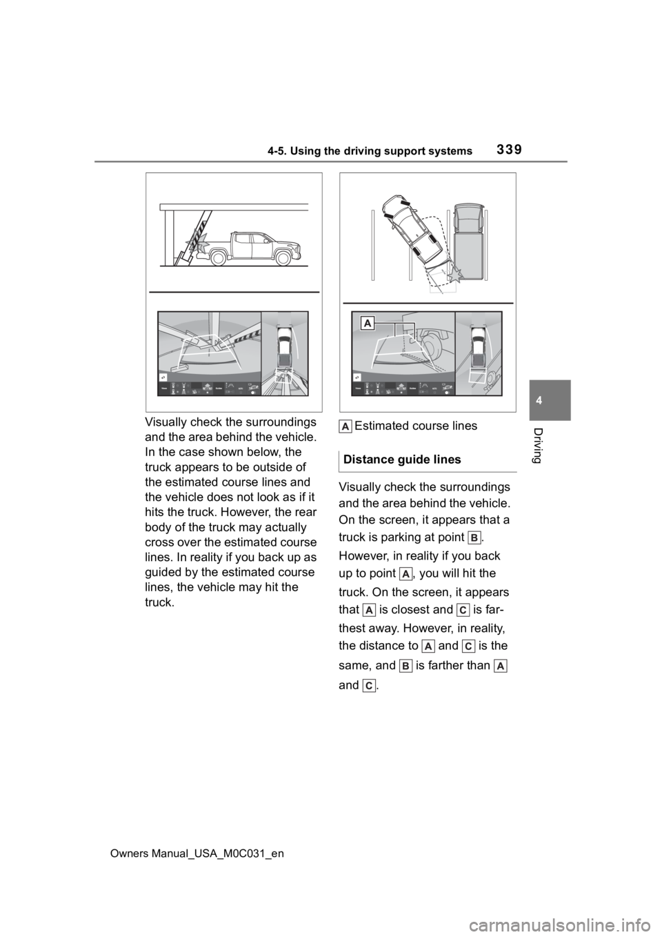 TOYOTA TUNDRA HYBRID 2022 Owners Manual 3394-5. Using the driving support systems
Owners Manual_USA_M0C031_en
4
DrivingVisually check the surroundings
and the area behind the vehicle.
In the case shown below, the
truck appears to be outs TOYOTA TUNDRA HYBRID 2022 Owners Manual 3394-5. Using the driving support systems
Owners Manual_USA_M0C031_en
4
DrivingVisually check the surroundings
and the area behind the vehicle.
In the case shown below, the
truck appears to be outs