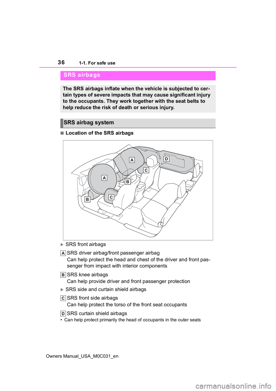 TOYOTA TUNDRA HYBRID 2022 Owners Guide 361-1. For safe use
Owners Manual_USA_M0C031_en
■Location of the SRS airbags
SRS front airbagsSRS driver airbag/front passenger airbag
Can help protect the head and chest of the driver and front TOYOTA TUNDRA HYBRID 2022 Owners Guide 361-1. For safe use
Owners Manual_USA_M0C031_en
■Location of the SRS airbags
SRS front airbagsSRS driver airbag/front passenger airbag
Can help protect the head and chest of the driver and front
