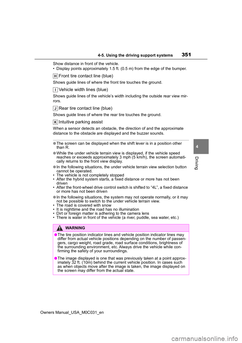 TOYOTA TUNDRA HYBRID 2022 Owners Manual 3514-5. Using the driving support systems
Owners Manual_USA_M0C031_en
4
Driving
Show distance in front of the vehicle.
• Display points approximately 1.5 ft. (0.5 m) fr om the edge of the bumper.
Fr TOYOTA TUNDRA HYBRID 2022 Owners Manual 3514-5. Using the driving support systems
Owners Manual_USA_M0C031_en
4
Driving
Show distance in front of the vehicle.
• Display points approximately 1.5 ft. (0.5 m) fr om the edge of the bumper.
Fr