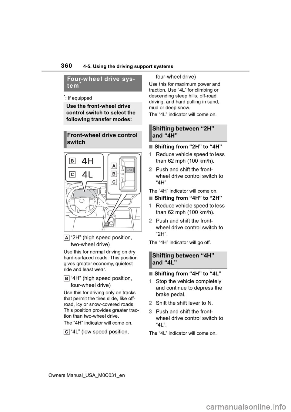 TOYOTA TUNDRA HYBRID 2022 Owners Manual 3604-5. Using the driving support systems
Owners Manual_USA_M0C031_en
*: If equipped
“2H” (high speed position,
two-wheel drive)
Use this for normal driving on dry
hard-surfaced roads. This posi TOYOTA TUNDRA HYBRID 2022 Owners Manual 3604-5. Using the driving support systems
Owners Manual_USA_M0C031_en
*: If equipped
“2H” (high speed position,
two-wheel drive)
Use this for normal driving on dry
hard-surfaced roads. This posi