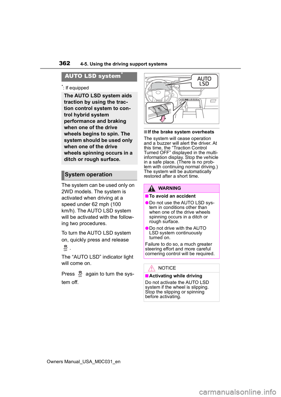 TOYOTA TUNDRA HYBRID 2022 Owners Manual 3624-5. Using the driving support systems
Owners Manual_USA_M0C031_en
*: If equipped
The system can be used only on
2WD models. The system is
activated when driving at a
speed under 62 mph (100
km TOYOTA TUNDRA HYBRID 2022 Owners Manual 3624-5. Using the driving support systems
Owners Manual_USA_M0C031_en
*: If equipped
The system can be used only on
2WD models. The system is
activated when driving at a
speed under 62 mph (100
km