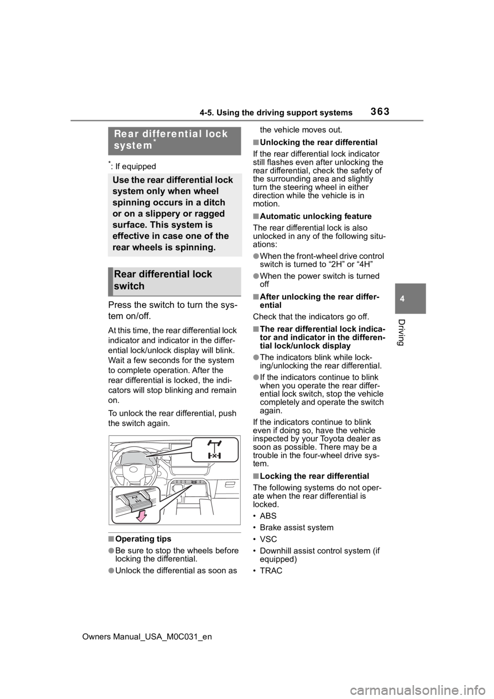TOYOTA TUNDRA HYBRID 2022 Owners Manual 3634-5. Using the driving support systems
Owners Manual_USA_M0C031_en
4
Driving
*: If equipped
Press the switch to turn the sys-
tem on/off.
At this time, the rear differential lock
indicator and ind TOYOTA TUNDRA HYBRID 2022 Owners Manual 3634-5. Using the driving support systems
Owners Manual_USA_M0C031_en
4
Driving
*: If equipped
Press the switch to turn the sys-
tem on/off.
At this time, the rear differential lock
indicator and ind