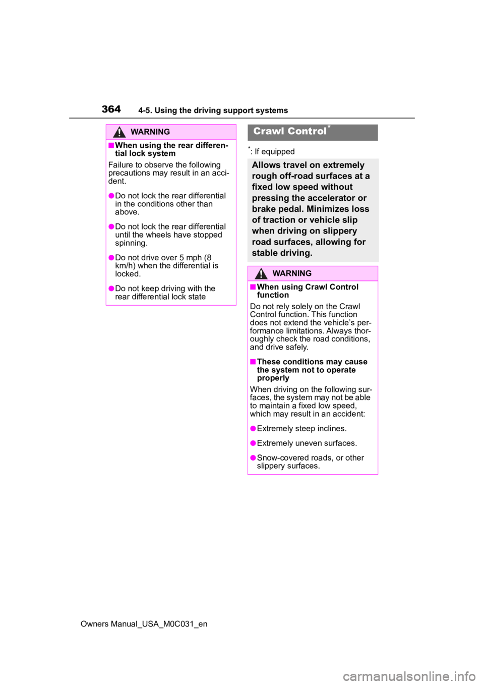 TOYOTA TUNDRA HYBRID 2022 Owners Manual 3644-5. Using the driving support systems
Owners Manual_USA_M0C031_en
*: If equipped
WARNING
■When using the rear differen-
tial lock system
Failure to obser ve the following
precautions may result TOYOTA TUNDRA HYBRID 2022 Owners Manual 3644-5. Using the driving support systems
Owners Manual_USA_M0C031_en
*: If equipped
WARNING
■When using the rear differen-
tial lock system
Failure to obser ve the following
precautions may result