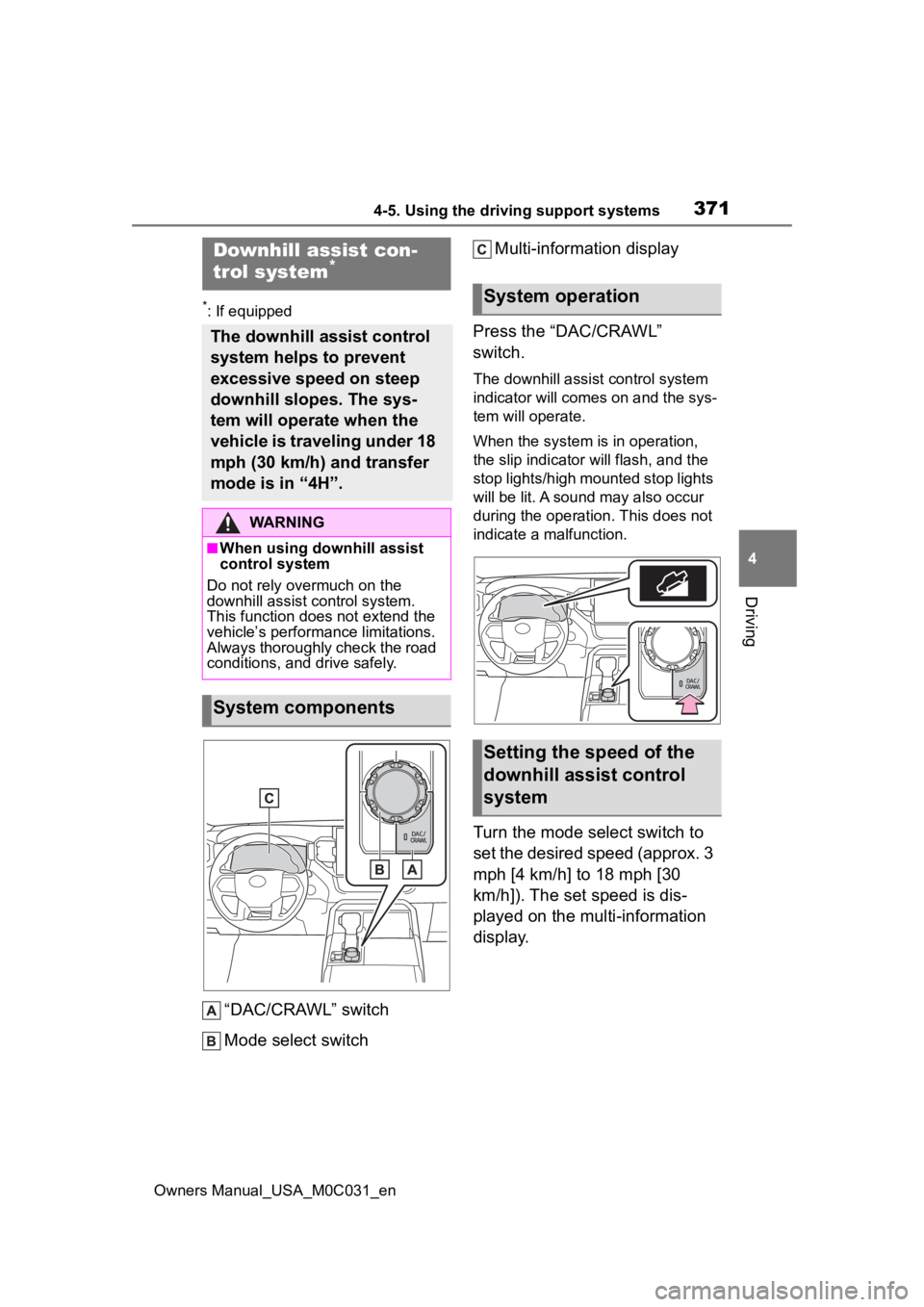 TOYOTA TUNDRA HYBRID 2022 Owners Manual 3714-5. Using the driving support systems
Owners Manual_USA_M0C031_en
4
Driving
*: If equipped
“DAC/CRAWL” switch
Mode select switch Multi-information display
Press the “DAC/CRAWL”
switch.
Th TOYOTA TUNDRA HYBRID 2022 Owners Manual 3714-5. Using the driving support systems
Owners Manual_USA_M0C031_en
4
Driving
*: If equipped
“DAC/CRAWL” switch
Mode select switch Multi-information display
Press the “DAC/CRAWL”
switch.
Th