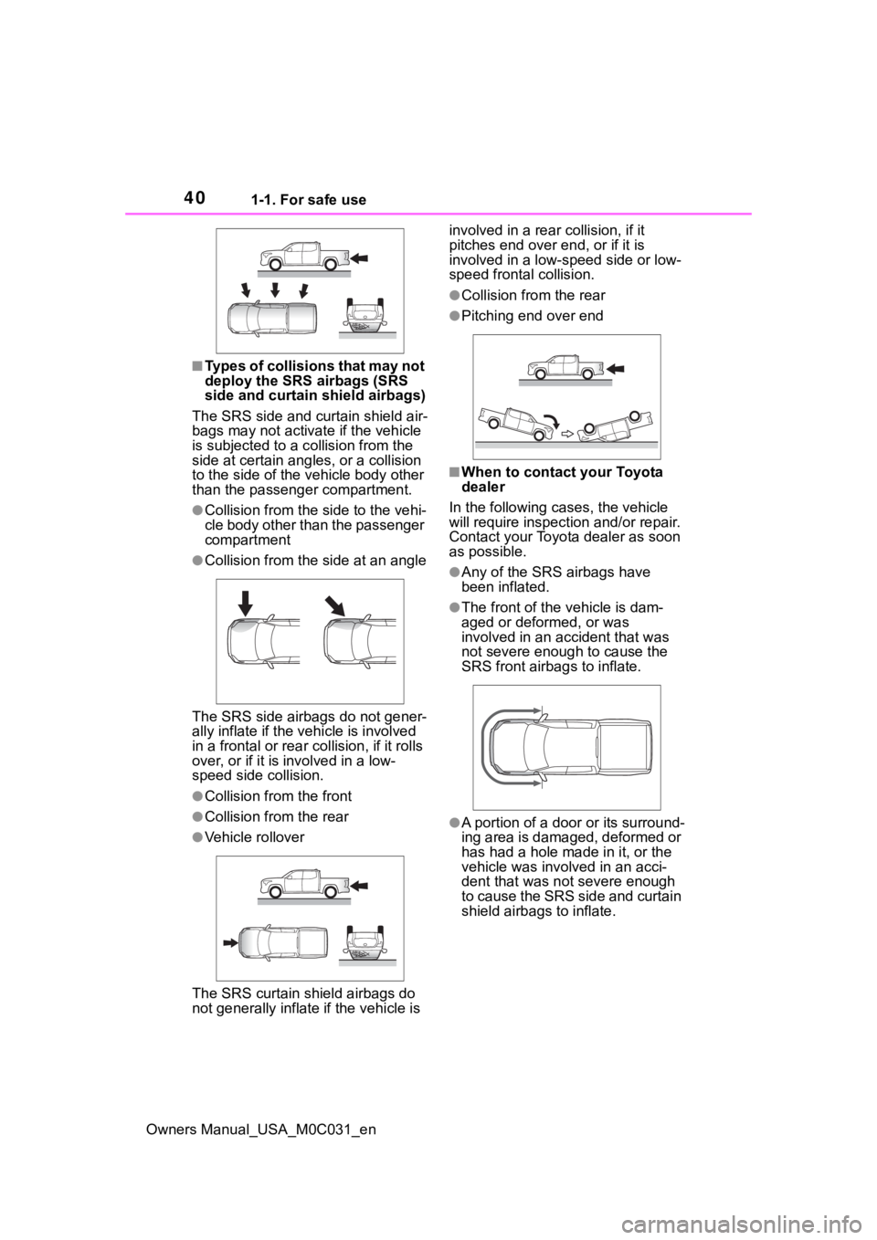 TOYOTA TUNDRA HYBRID 2022 Owners Guide 401-1. For safe use
Owners Manual_USA_M0C031_en
■Types of collisions that may not
deploy the SRS airbags (SRS
side and curtain shield airbags)
The SRS side and curtain shield air-
bags may not act TOYOTA TUNDRA HYBRID 2022 Owners Guide 401-1. For safe use
Owners Manual_USA_M0C031_en
■Types of collisions that may not
deploy the SRS airbags (SRS
side and curtain shield airbags)
The SRS side and curtain shield air-
bags may not act