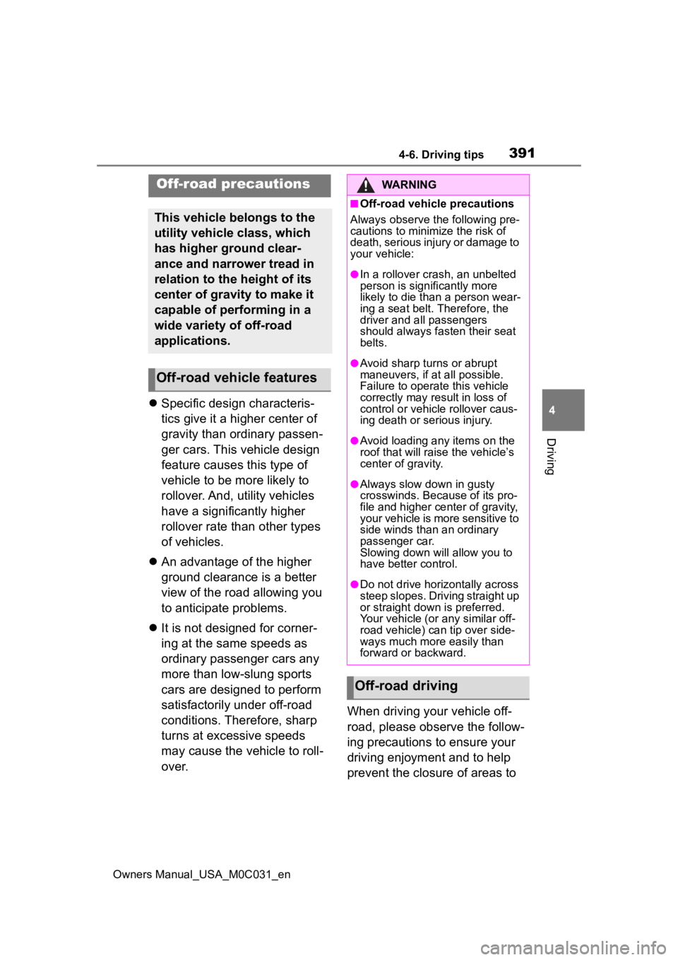 TOYOTA TUNDRA HYBRID 2022 Owners Manual 3914-6. Driving tips
Owners Manual_USA_M0C031_en
4
Driving
Specific design characteris-
tics give it a higher center of
gravity than ordinary passen-
ger cars. This vehicle design
feature causes TOYOTA TUNDRA HYBRID 2022 Owners Manual 3914-6. Driving tips
Owners Manual_USA_M0C031_en
4
Driving
Specific design characteris-
tics give it a higher center of
gravity than ordinary passen-
ger cars. This vehicle design
feature causes