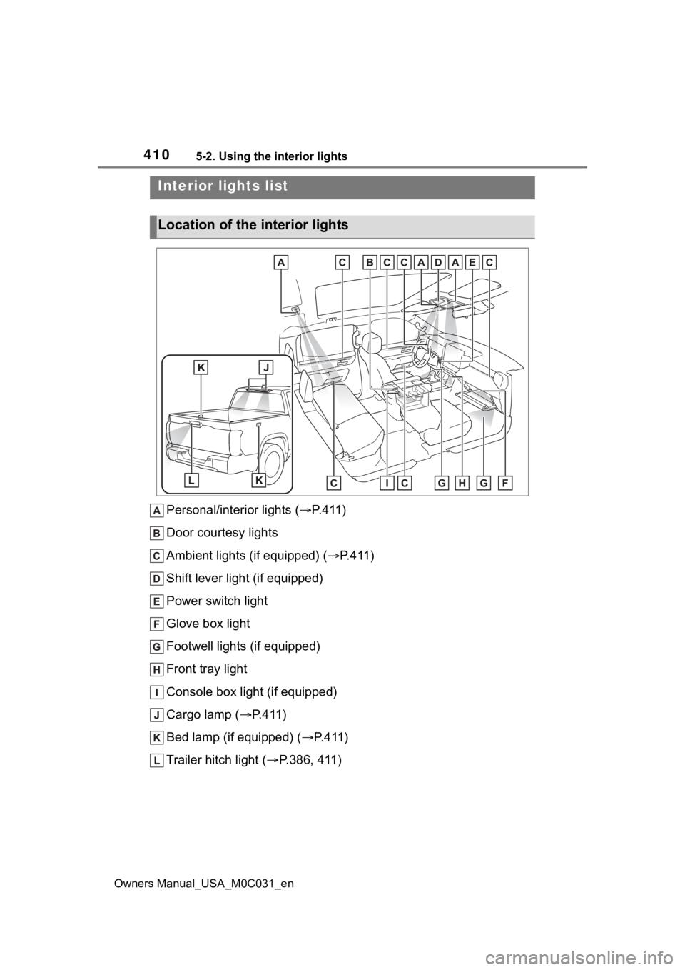 TOYOTA TUNDRA HYBRID 2022 Owners Manual 4105-2. Using the interior lights
Owners Manual_USA_M0C031_en
5-2.Using the interior lights
Personal/interior lights (P.411)
Door courtesy lights
Ambient lights (if equipped) ( P.411)
Shift leve TOYOTA TUNDRA HYBRID 2022 Owners Manual 4105-2. Using the interior lights
Owners Manual_USA_M0C031_en
5-2.Using the interior lights
Personal/interior lights (P.411)
Door courtesy lights
Ambient lights (if equipped) ( P.411)
Shift leve